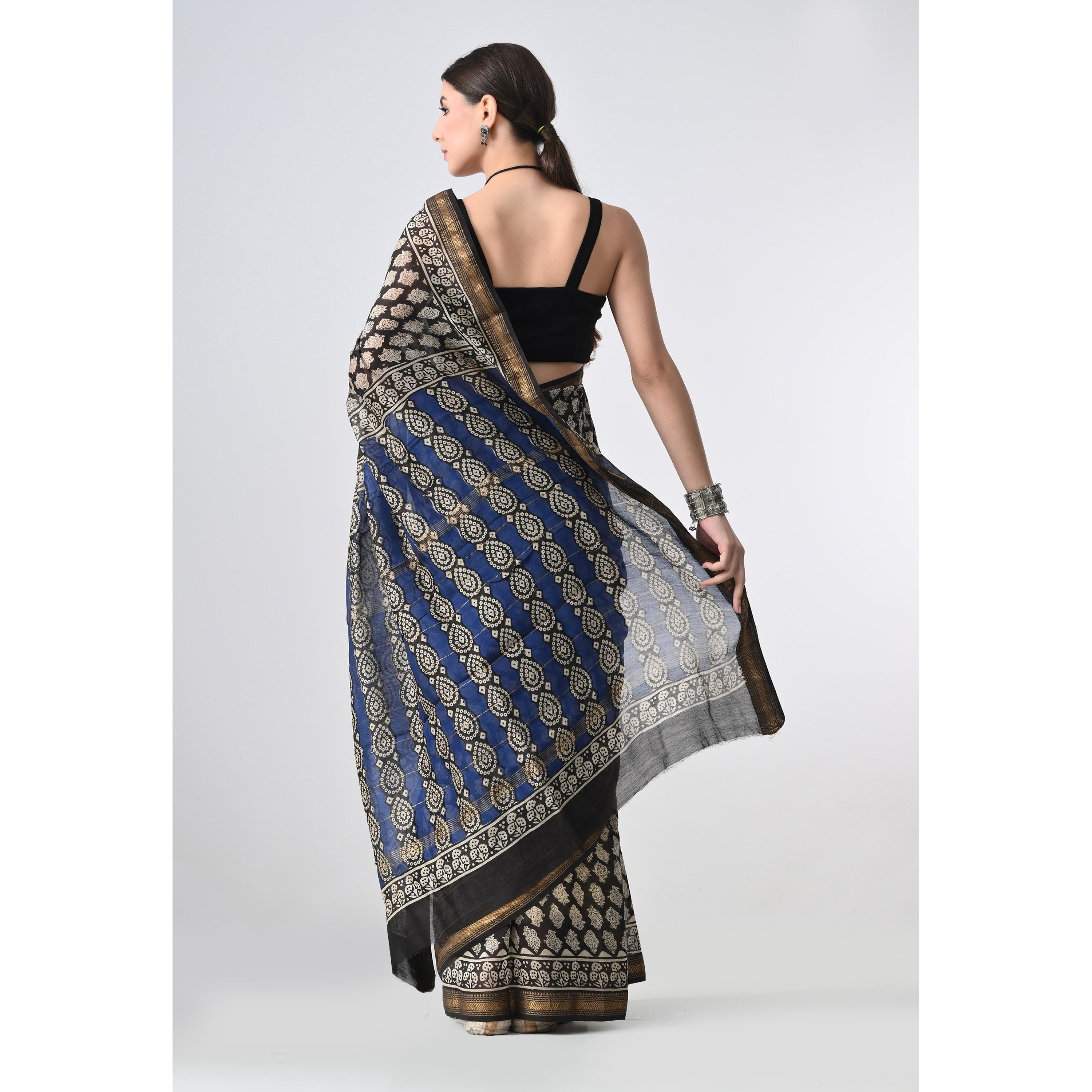 The Weavers Shop By Raavi Hand Block Cotton Printed Silk Black Saree