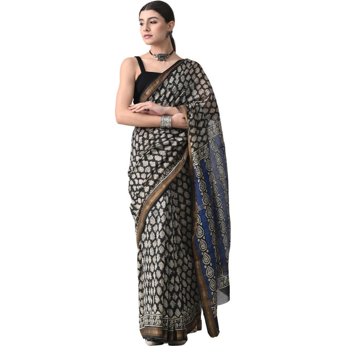 The Weavers Shop By Raavi Hand Block Cotton Printed Silk Black Saree