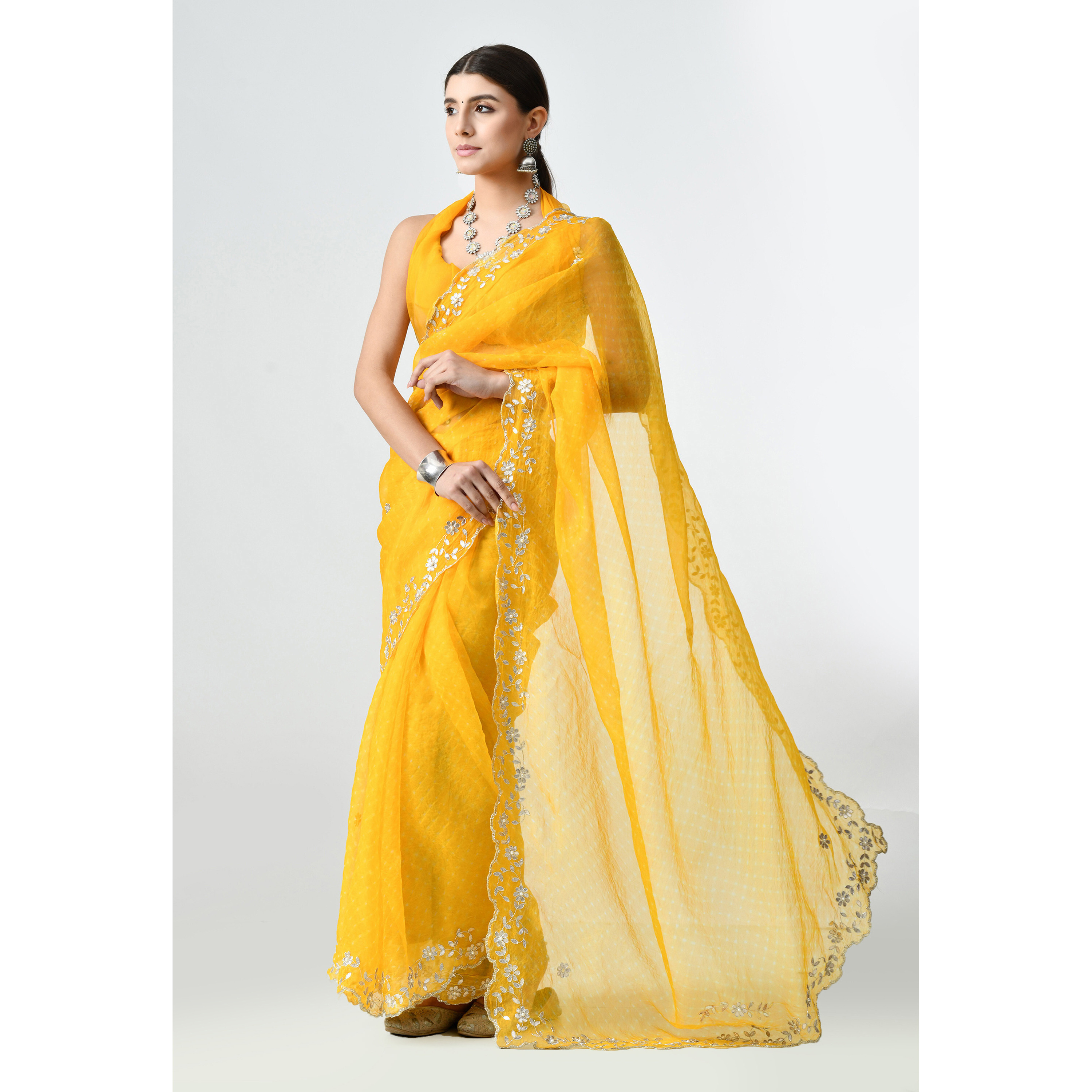 The Weavers Shop By Raavi Pure Organza Gotta Paati Hand Embroidery Saree Yellow