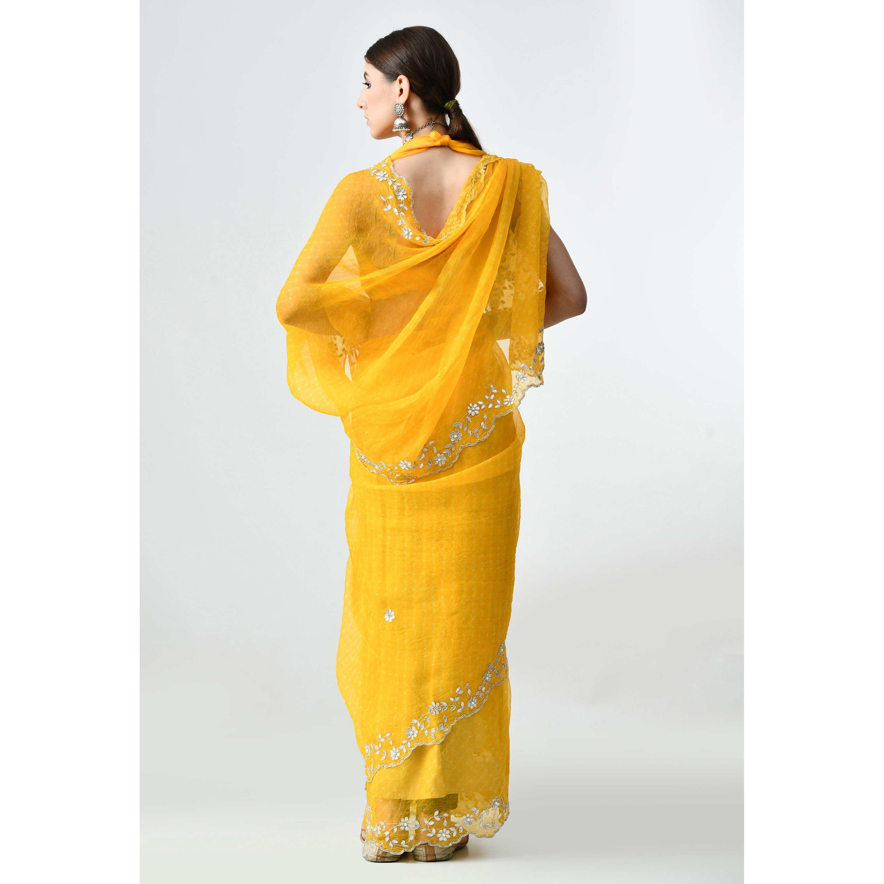 The Weavers Shop By Raavi Pure Organza Gotta Paati Hand Embroidery Saree Yellow