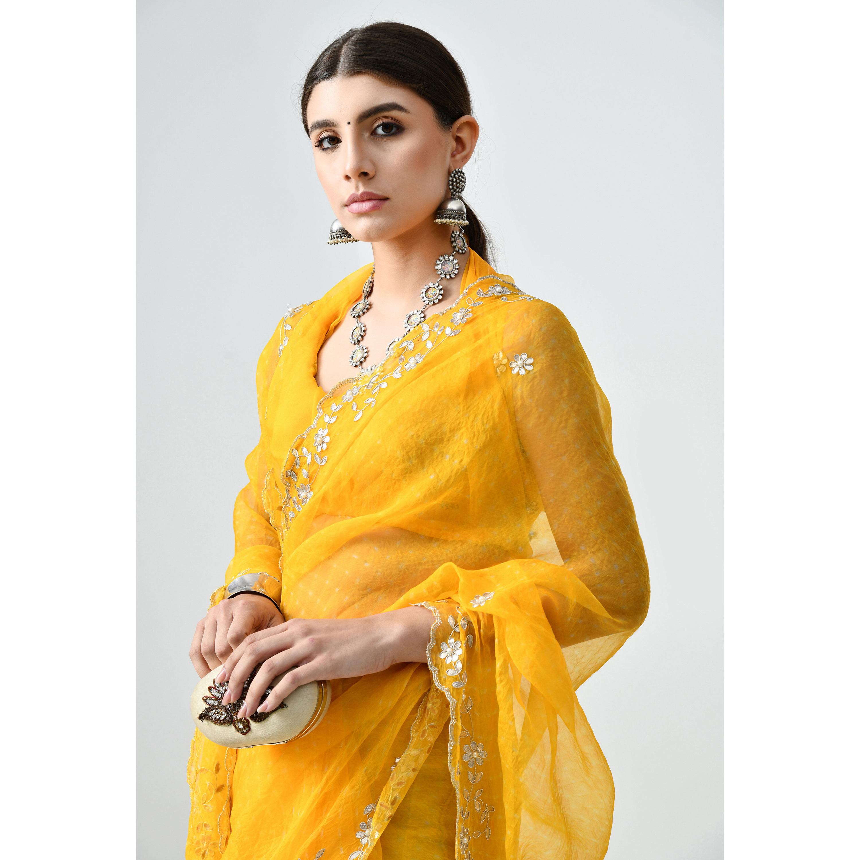 The Weavers Shop By Raavi Pure Organza Gotta Paati Hand Embroidery Saree Yellow