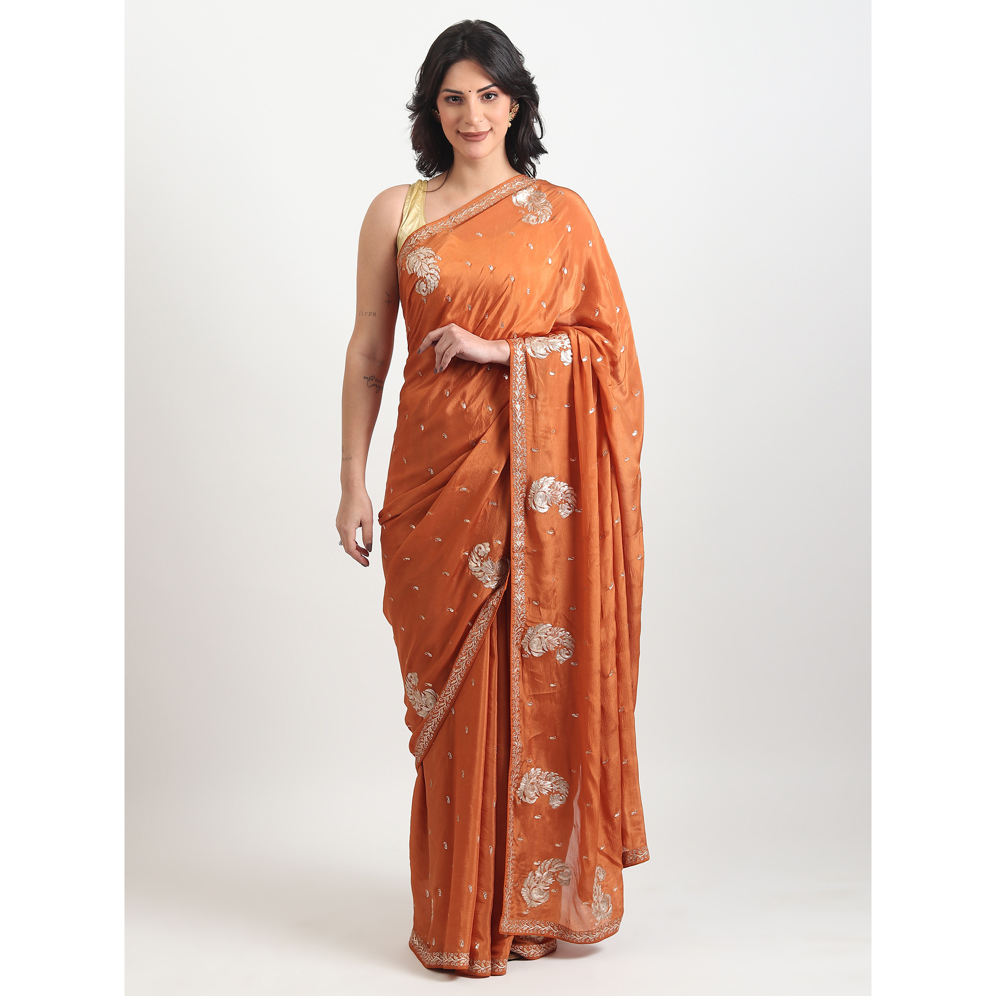 The Weavers Shop By Raavi Chinon Chiffon Handwork Saree With Unstitched Blouse - Orange