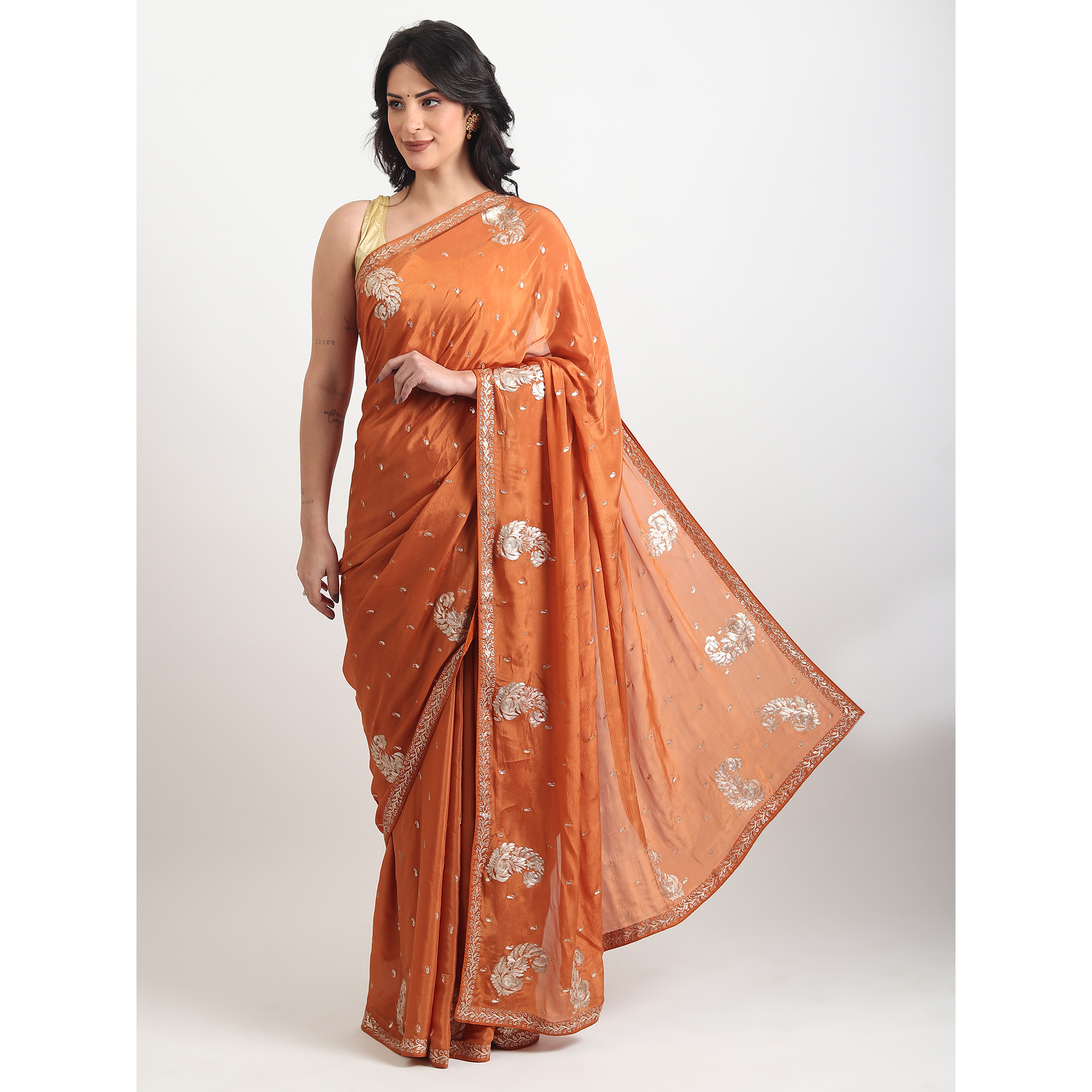 The Weavers Shop By Raavi Chinon Chiffon Handwork Saree With Unstitched Blouse - Orange