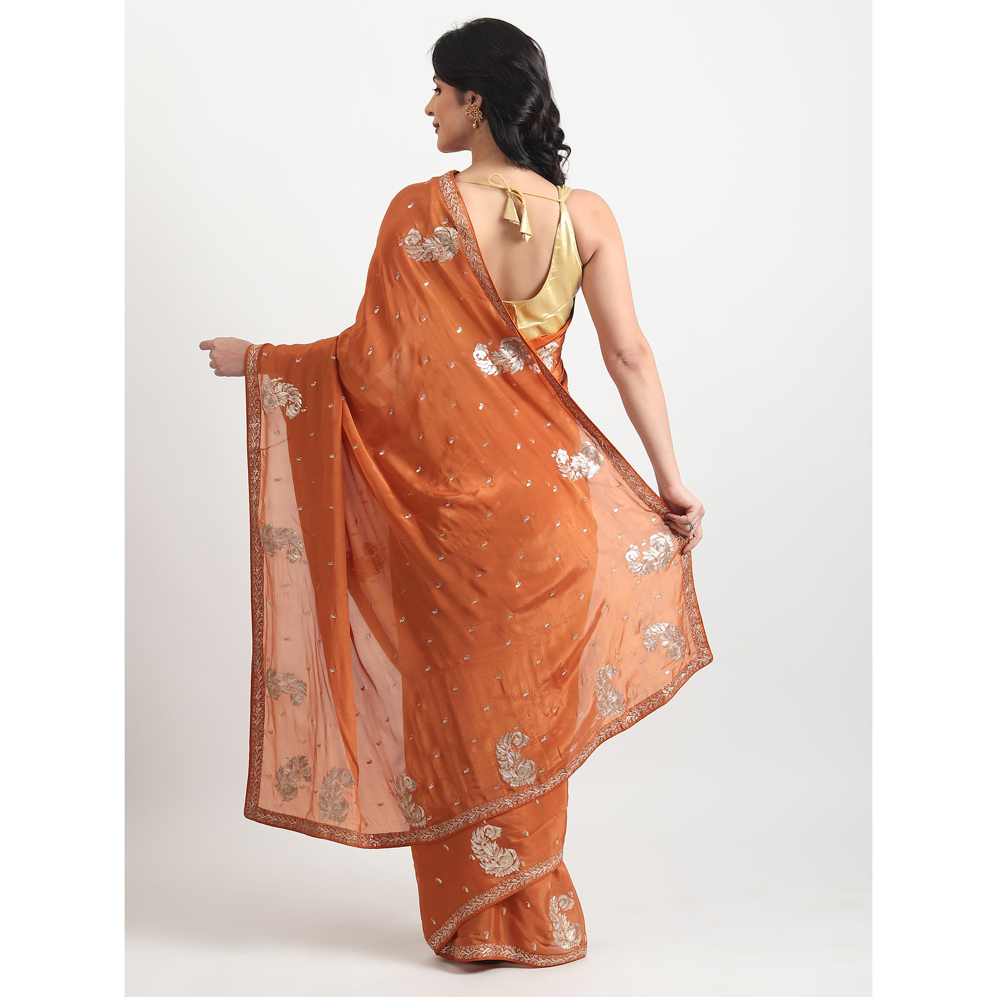 The Weavers Shop By Raavi Chinon Chiffon Handwork Saree With Unstitched Blouse - Orange