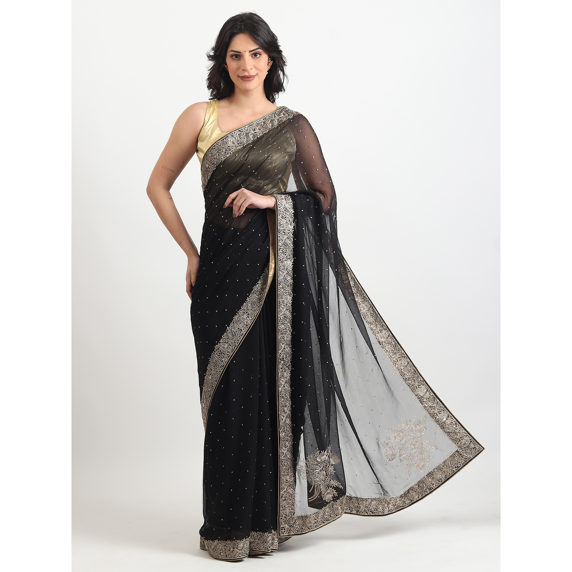 The Weavers Shop By Raavi Pure Chiffon Kasab Bail Handwork Saree With Unstitched Blouse - Black