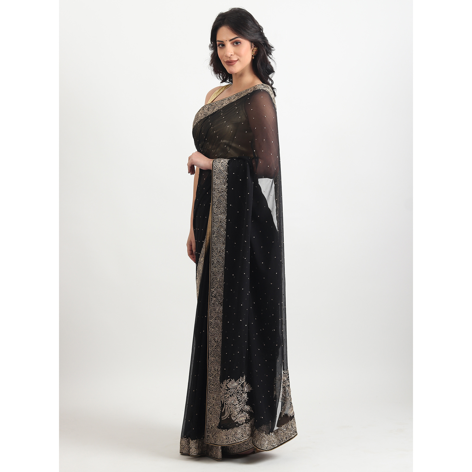 The Weavers Shop By Raavi Pure Chiffon Kasab Bail Handwork Saree With Unstitched Blouse - Black