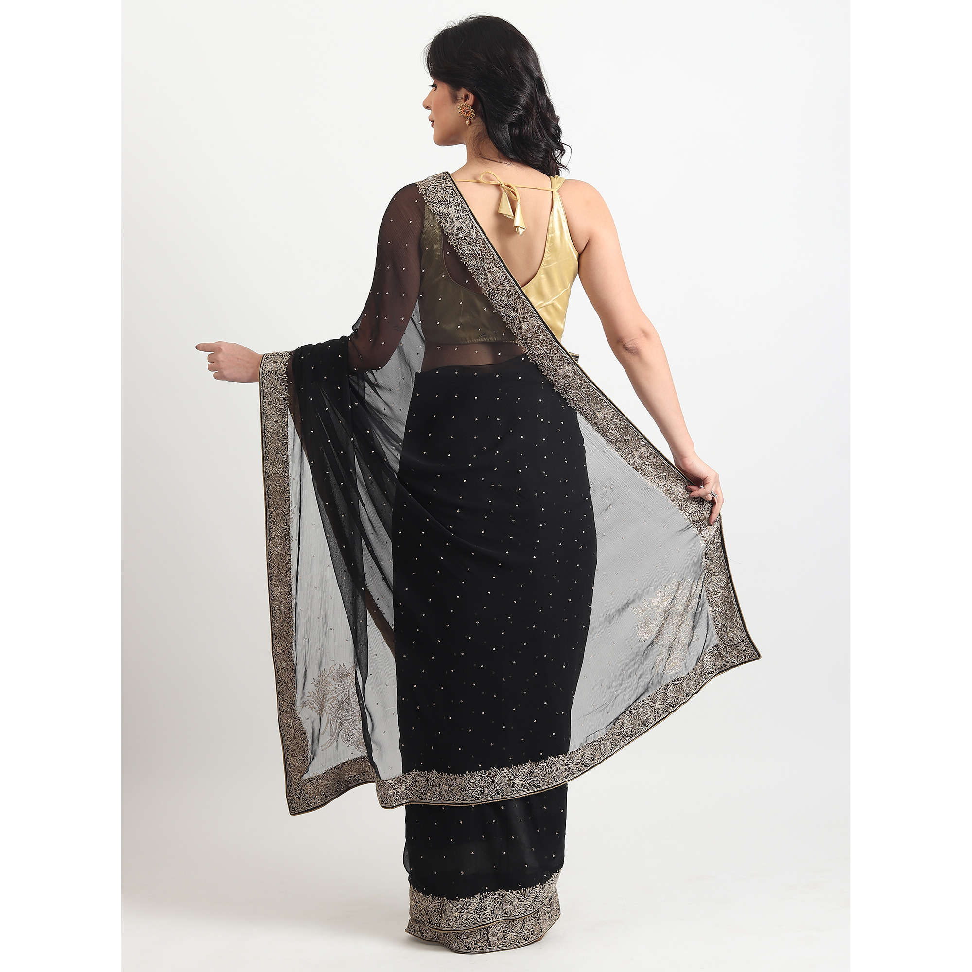 The Weavers Shop By Raavi Pure Chiffon Kasab Bail Handwork Saree With Unstitched Blouse - Black
