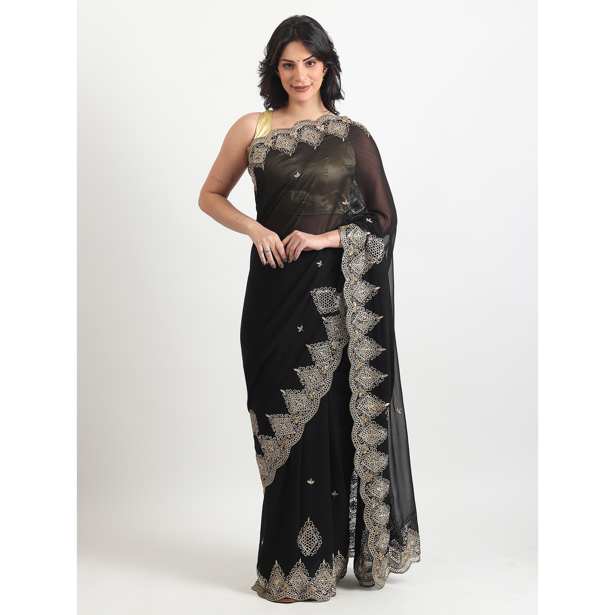 The Weavers Shop By Raavi Pure Georgette Cut Work With Sequin Handwork Embroidered Saree With Unstitched Blouse - Black