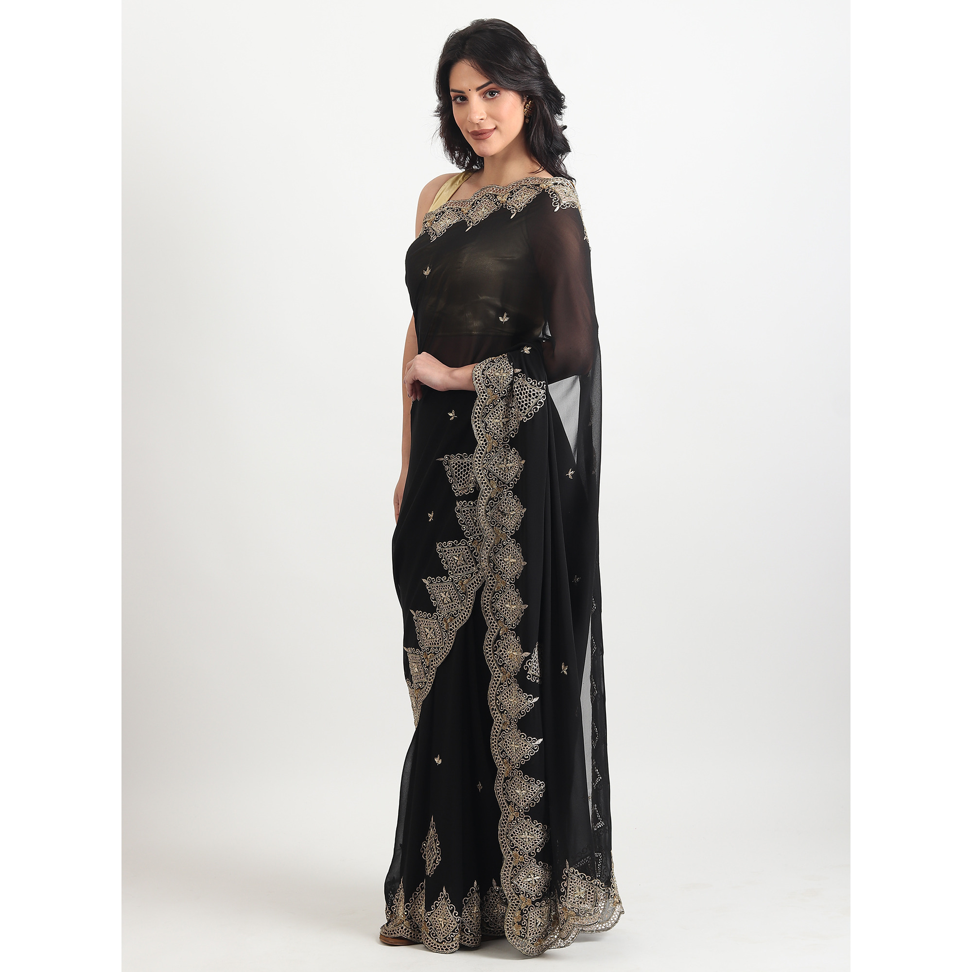 The Weavers Shop By Raavi Pure Georgette Cut Work With Sequin Handwork Embroidered Saree With Unstitched Blouse - Black