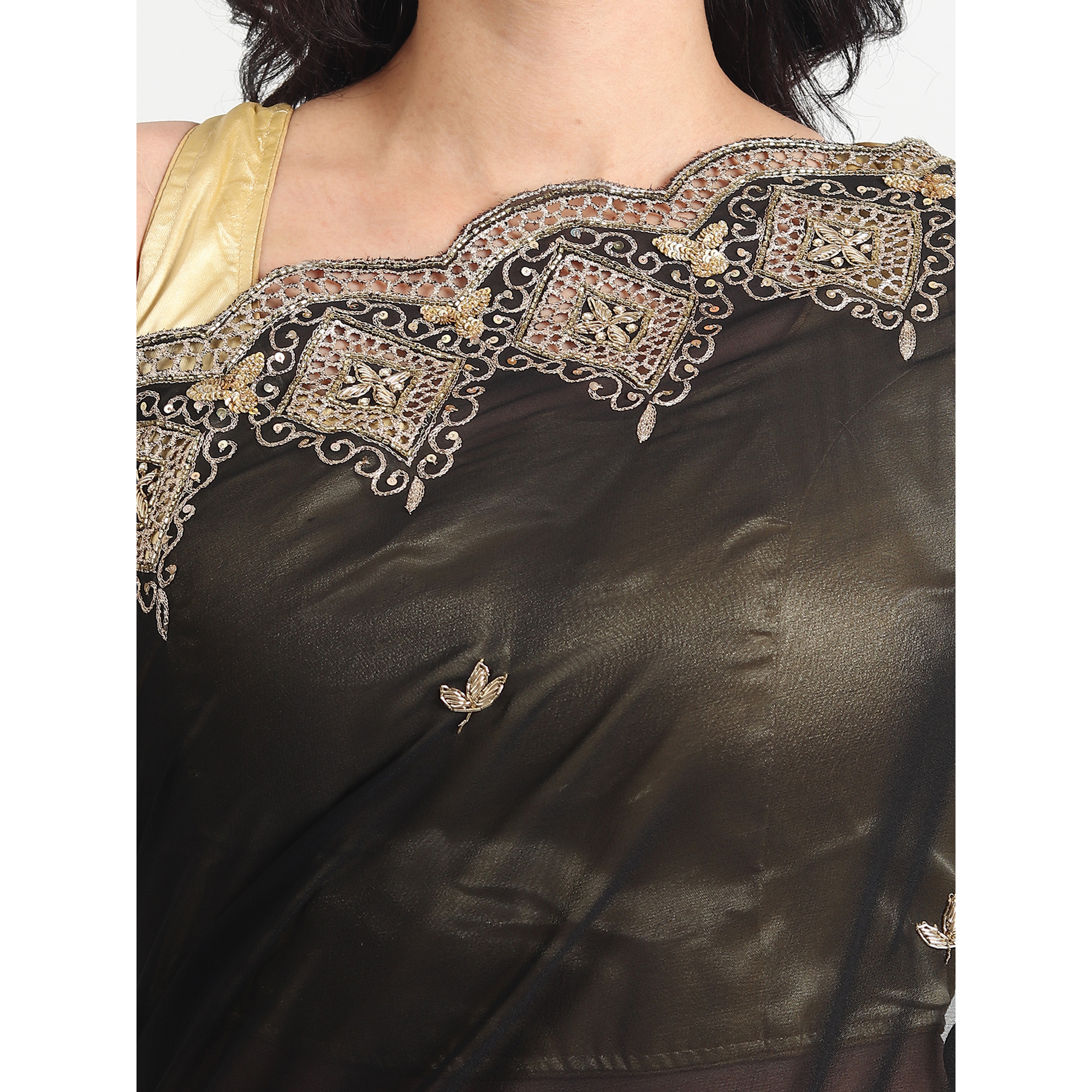 The Weavers Shop By Raavi Pure Georgette Cut Work With Sequin Handwork Embroidered Saree With Unstitched Blouse - Black