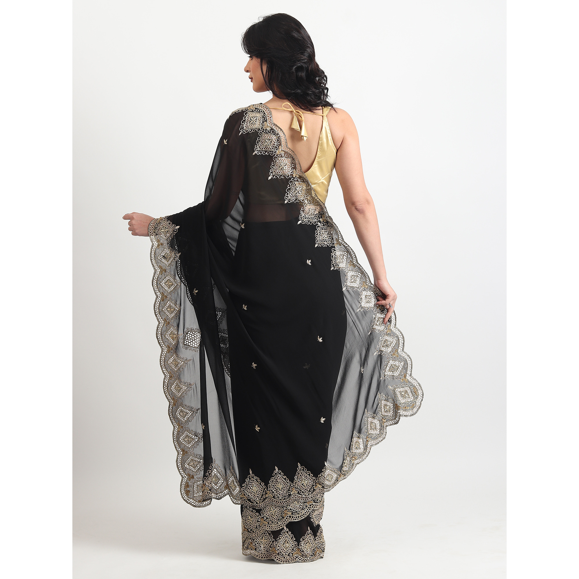 The Weavers Shop By Raavi Pure Georgette Cut Work With Sequin Handwork Embroidered Saree With Unstitched Blouse - Black