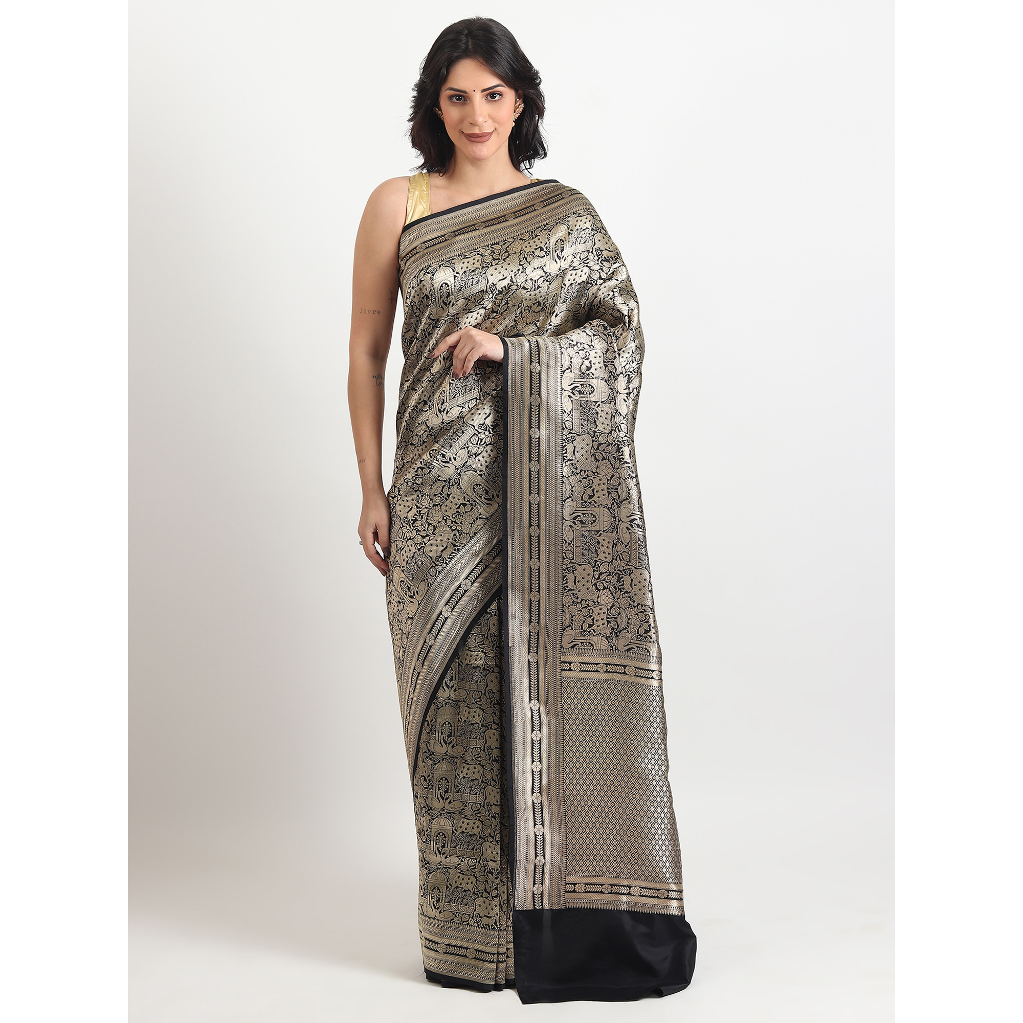 The Weavers Shop By Raavi Pure Kattan Silk Hand Double Zari Weave Saree With Unstitched Blouse - Black