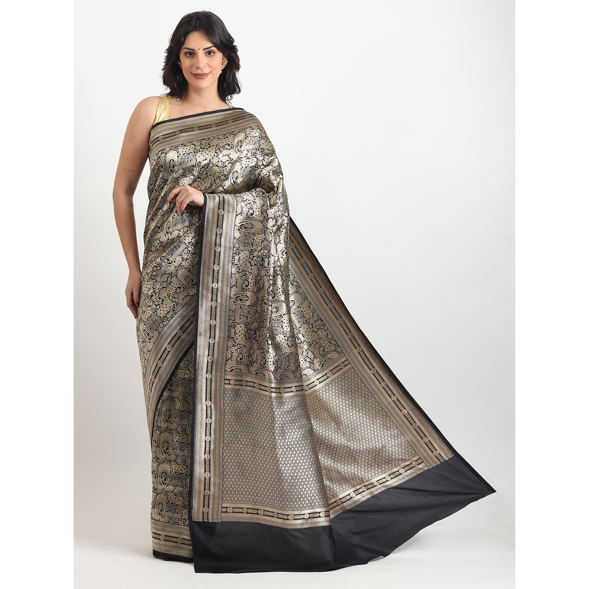 The Weavers Shop By Raavi Pure Kattan Silk Hand Double Zari Weave Saree With Unstitched Blouse - Black