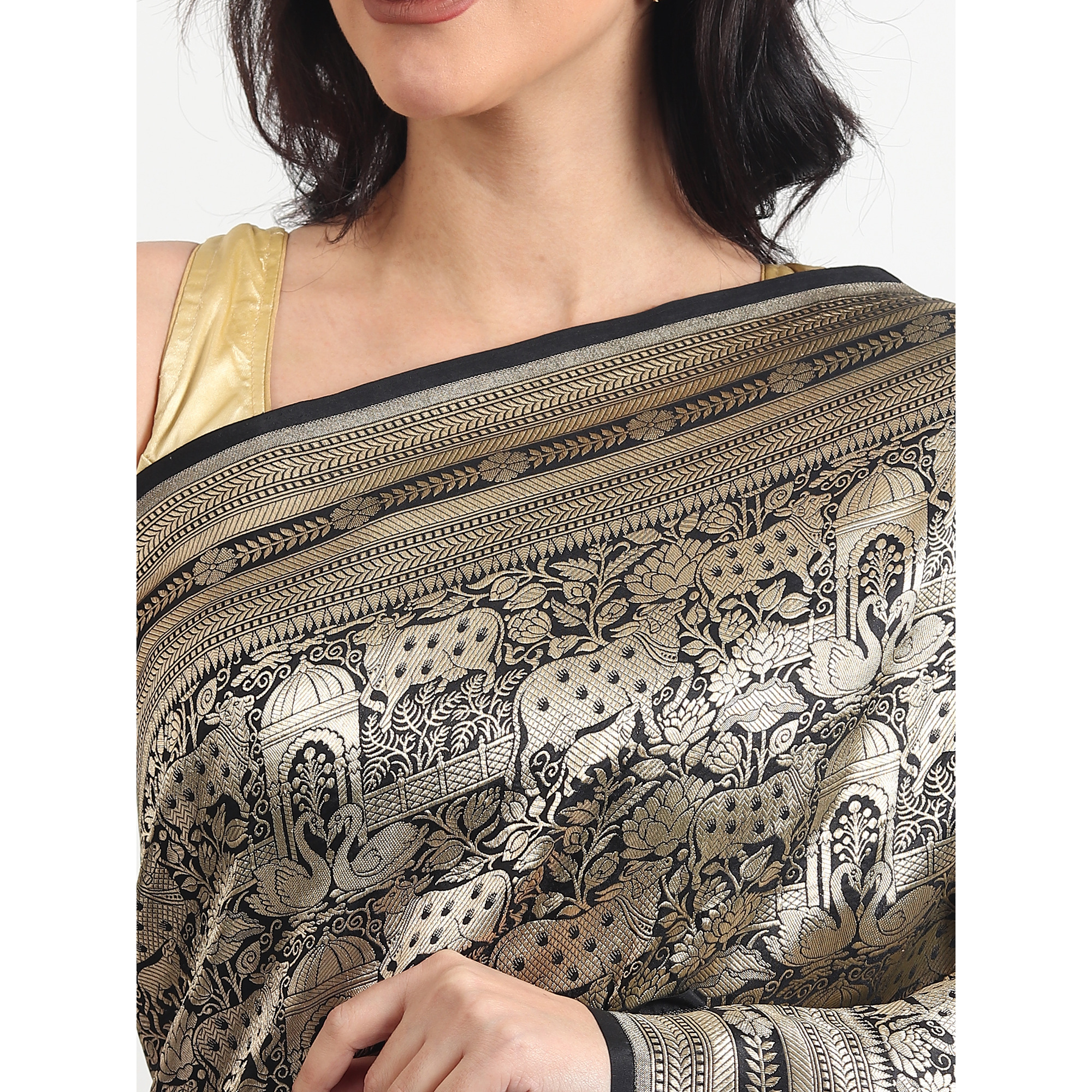 The Weavers Shop By Raavi Pure Kattan Silk Hand Double Zari Weave Saree With Unstitched Blouse - Black
