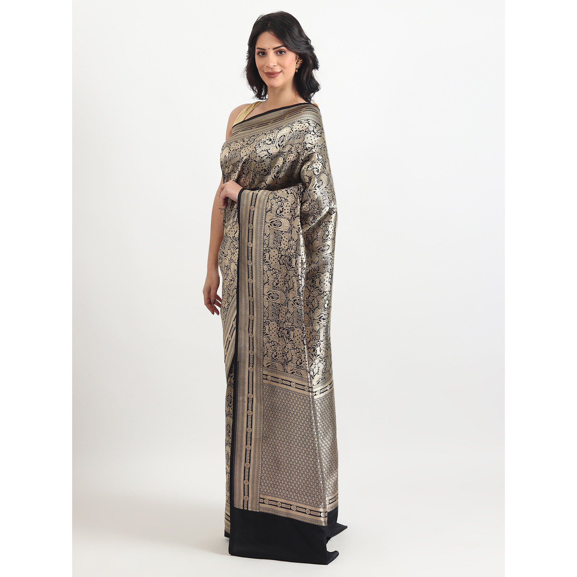 The Weavers Shop By Raavi Pure Kattan Silk Hand Double Zari Weave Saree With Unstitched Blouse - Black