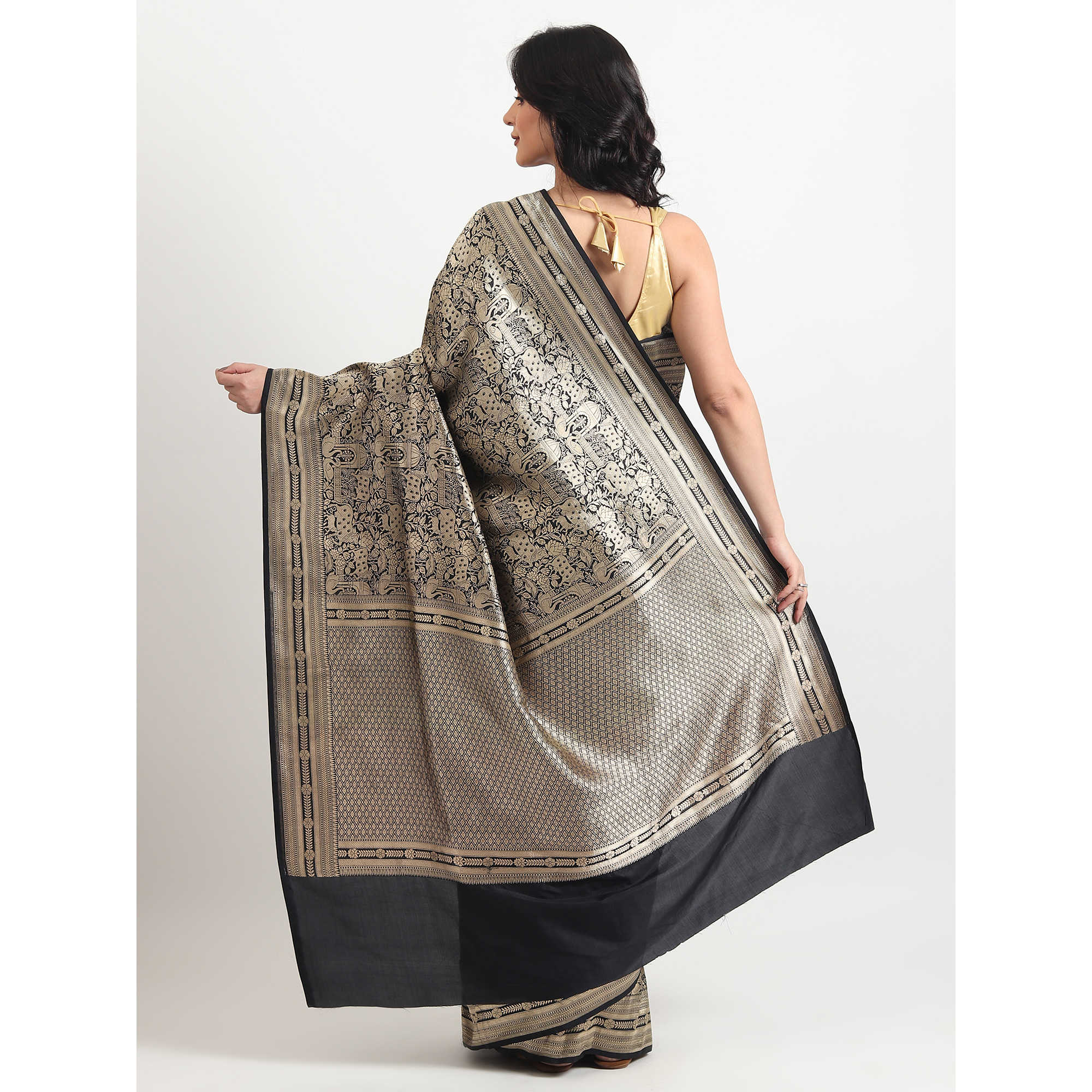 The Weavers Shop By Raavi Pure Kattan Silk Hand Double Zari Weave Saree With Unstitched Blouse - Black