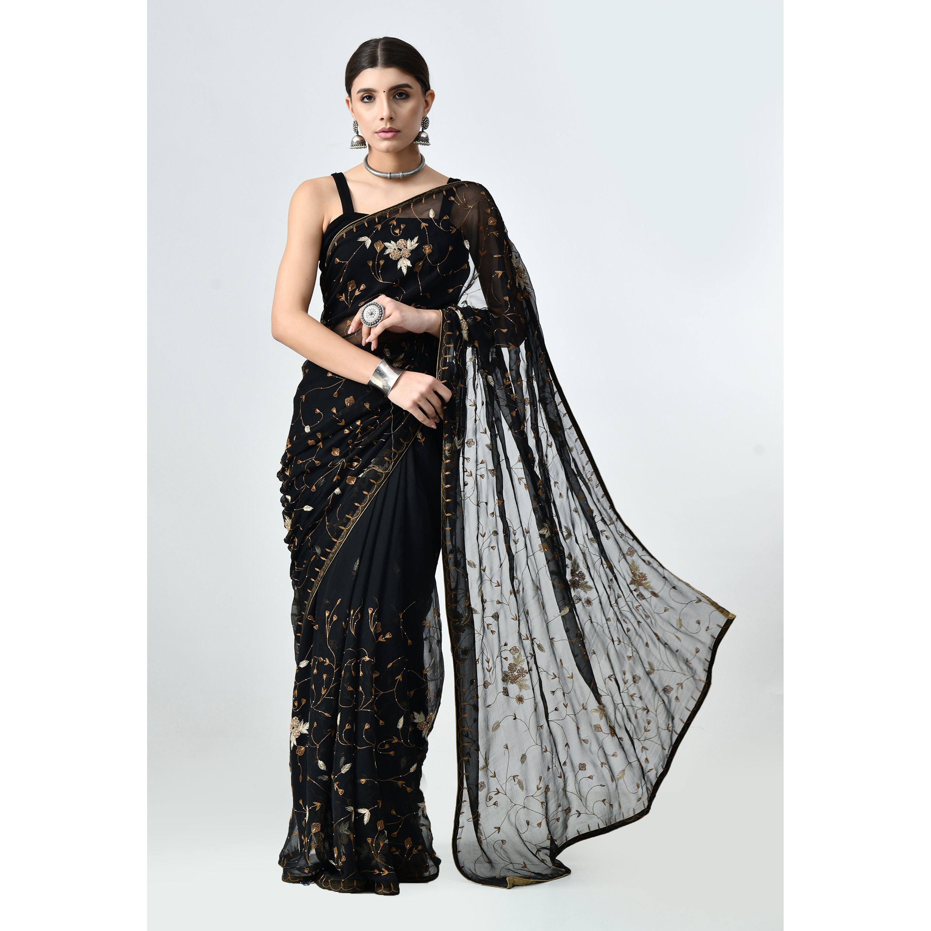Pure Chinon Chiffon With Kassab Jaal Tilla Work