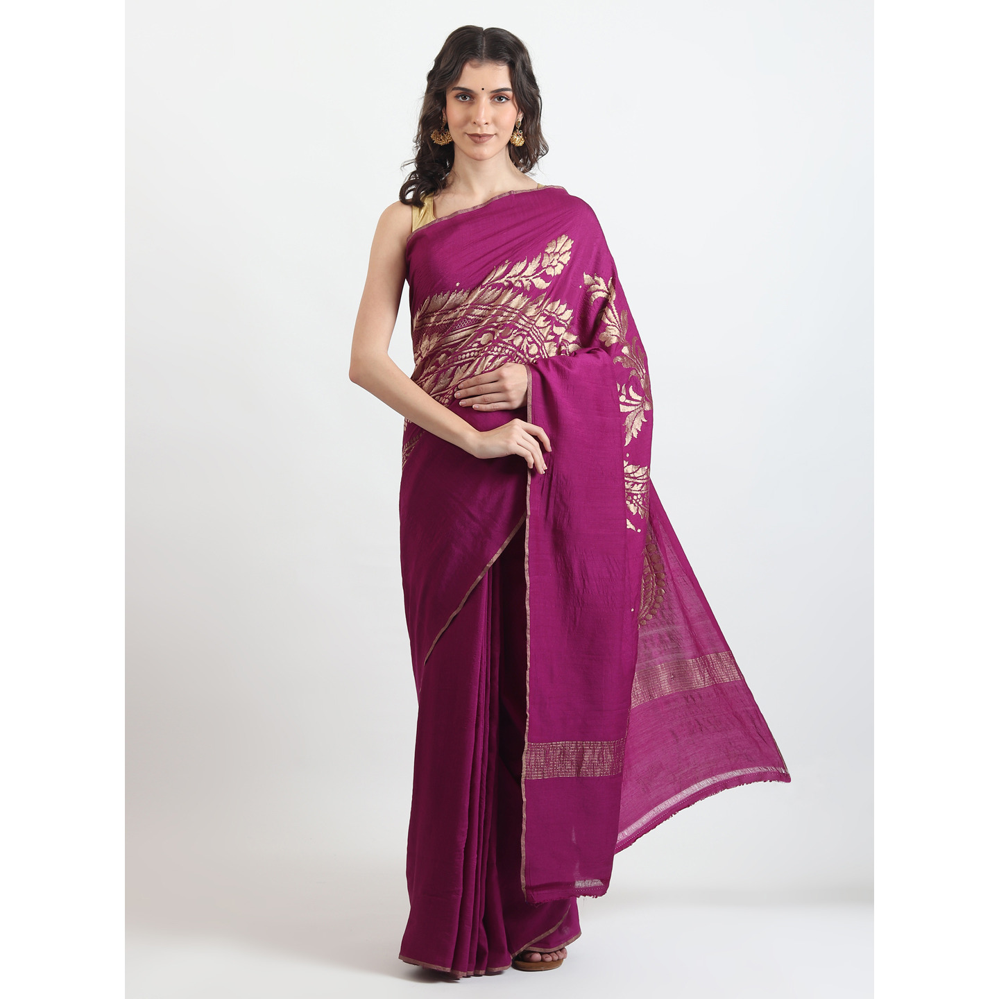 The Weavers Shop By Raavi Pure Muga Silk Banarasi Saree With Unstitched Blouse