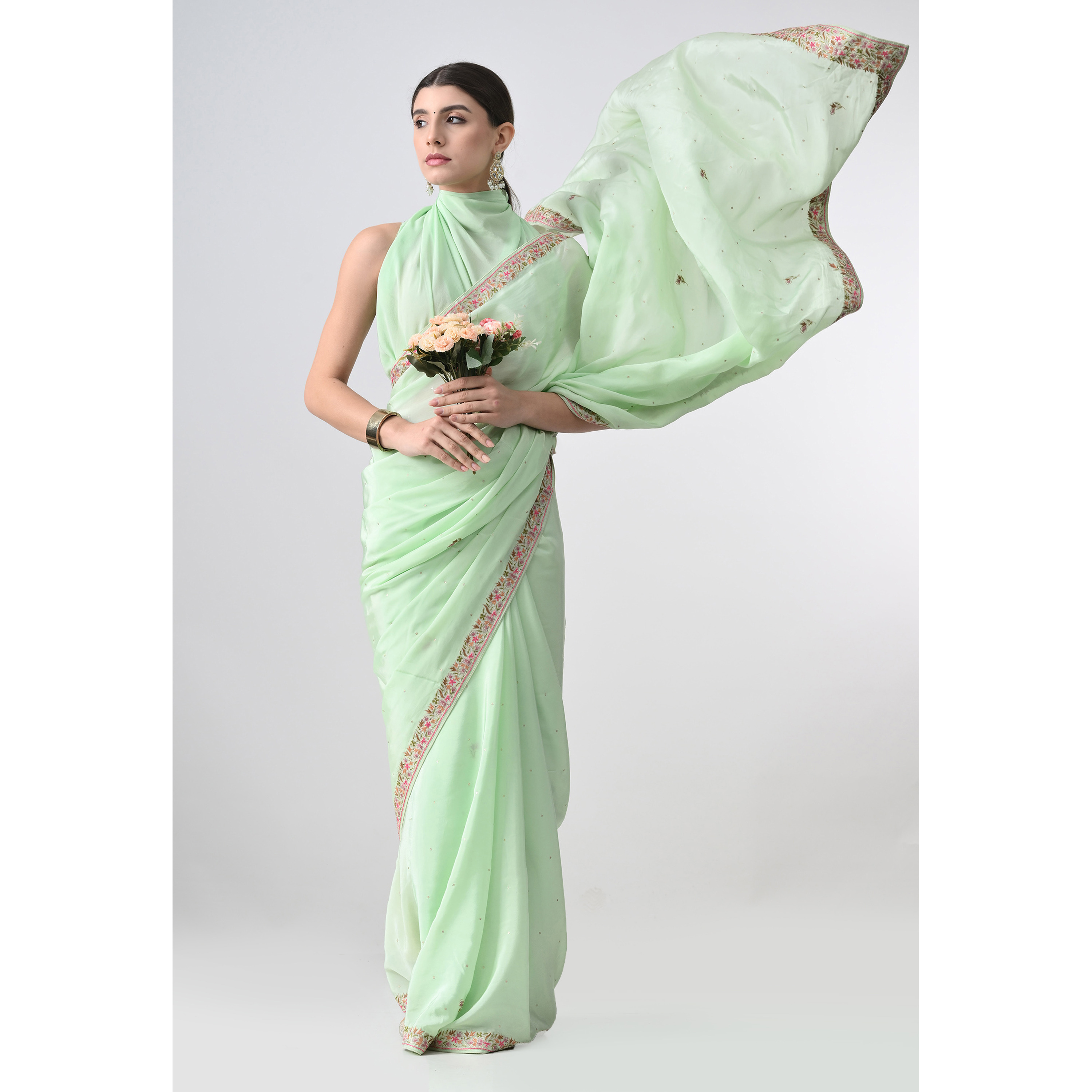 The Weavers Shop By Raavi Pure Crepe Tilla Thread Handwork Saree Sea Green