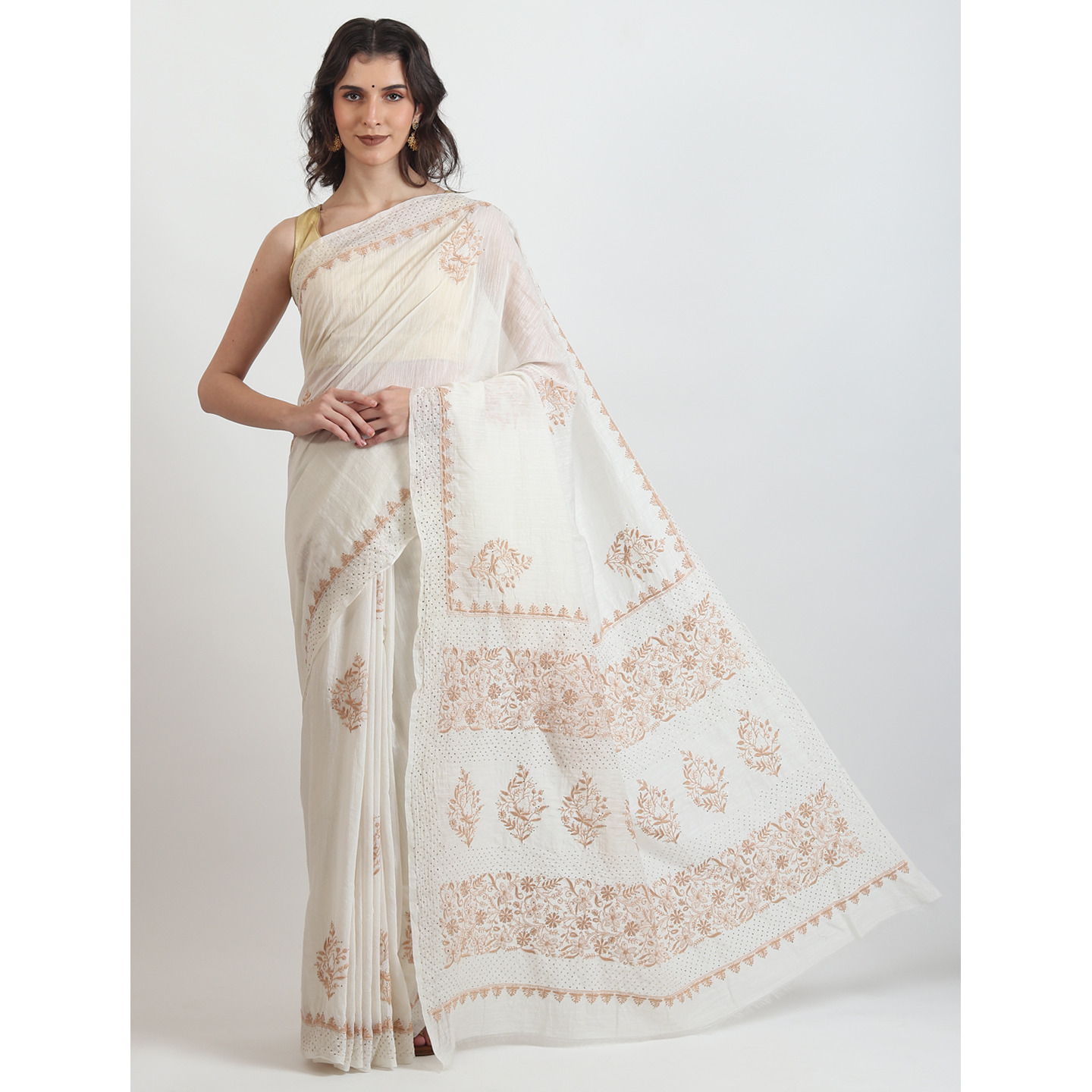The Weavers Shop By raavi Chanderi Linen Chikankari Hand Hmbroidery Saree