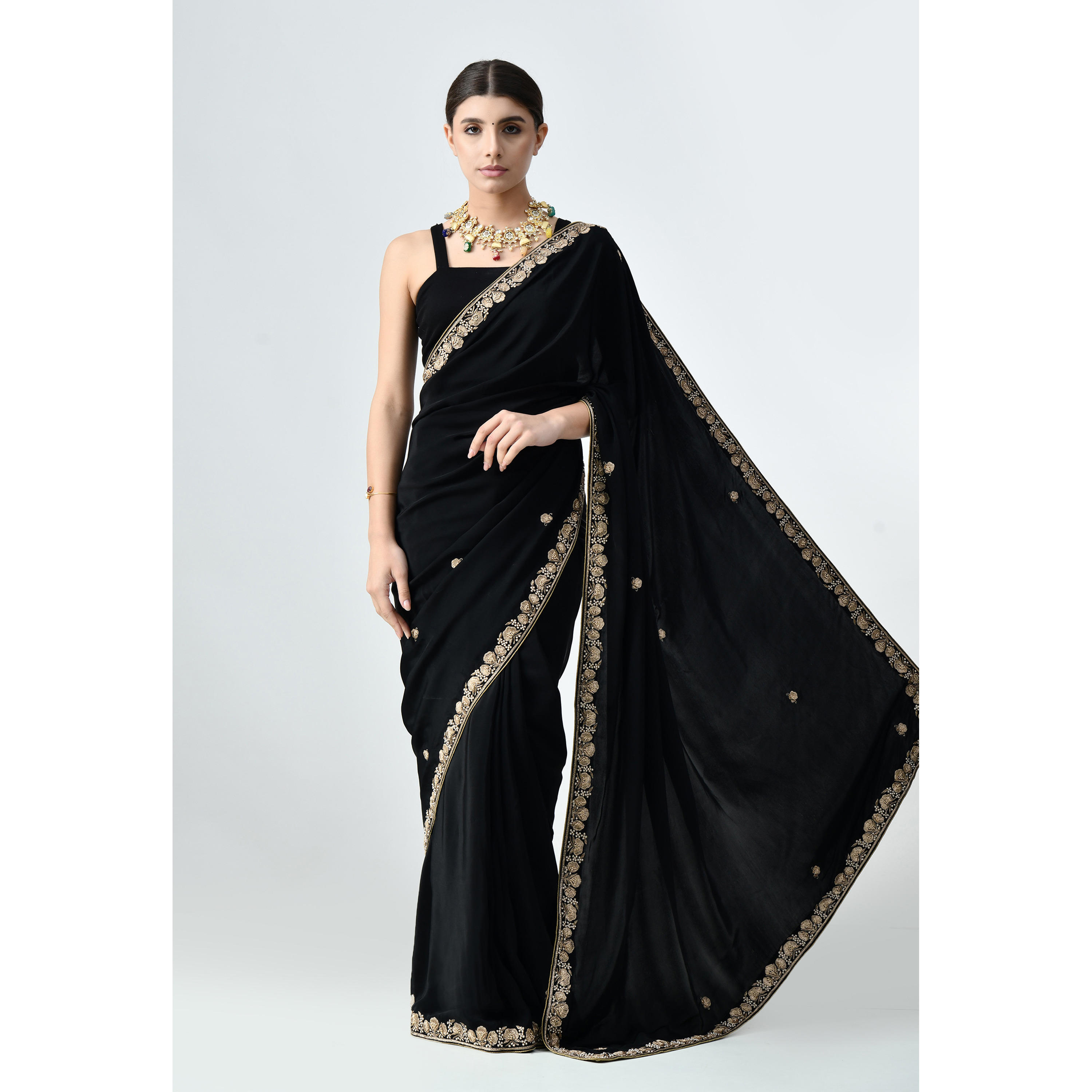 The Weavers Shop By Raavi Pure Crepe Black party Wear Saree