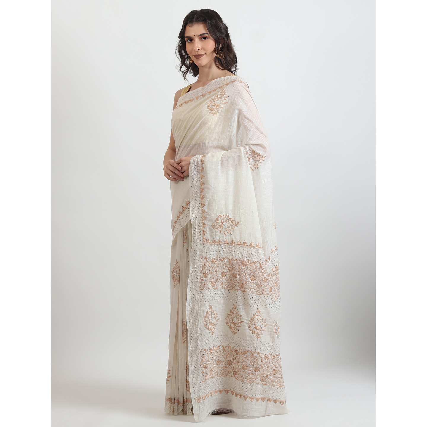 The Weavers Shop By raavi Chanderi Linen Chikankari Hand Hmbroidery Saree