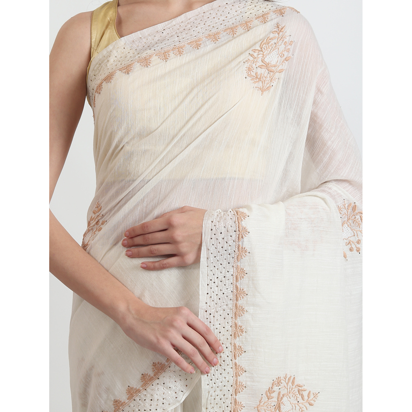 The Weavers Shop By raavi Chanderi Linen Chikankari Hand Hmbroidery Saree