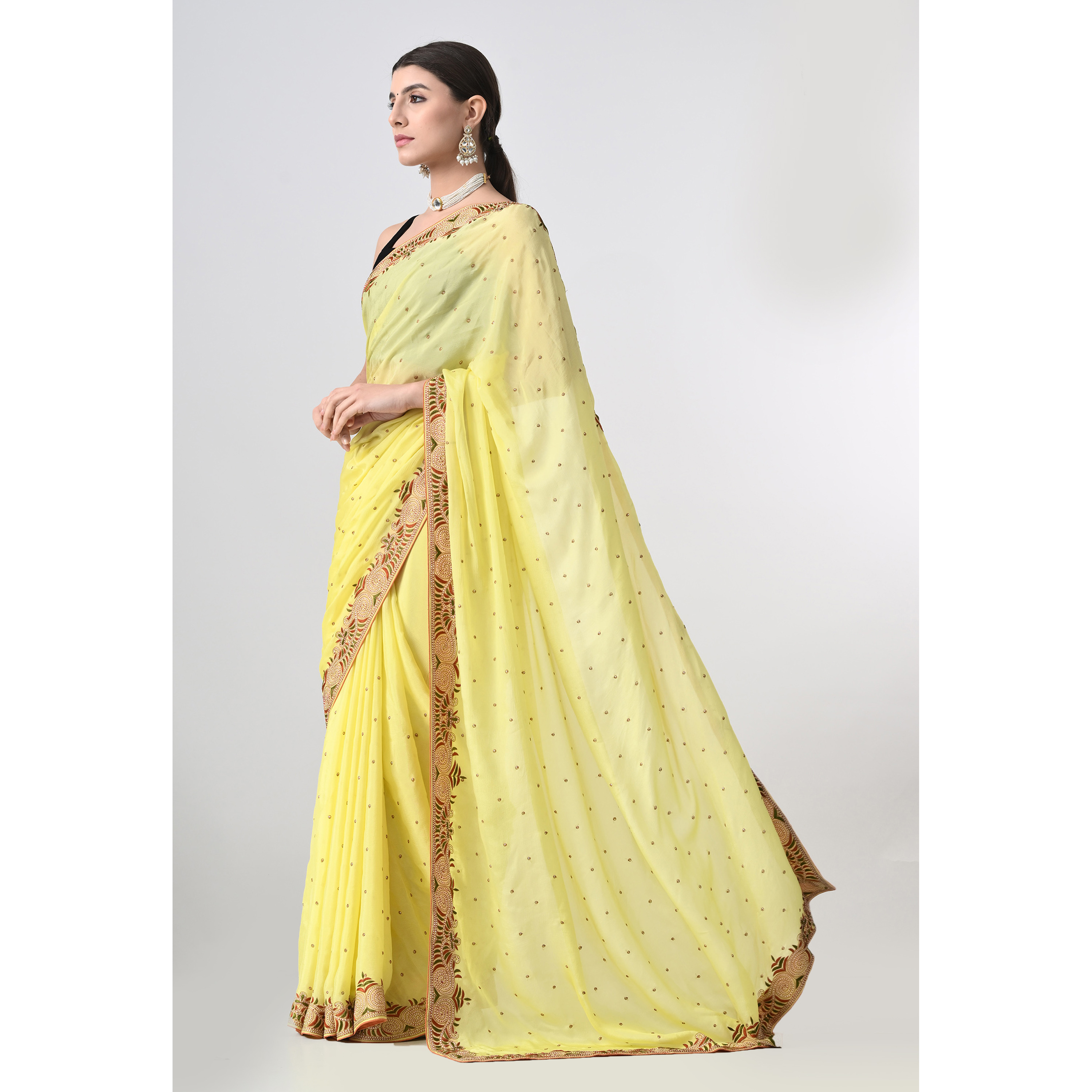 The Weavers Shop By Raavi Hand Embroidery Taaka Work Chinnon Chiffon Saree Yellow