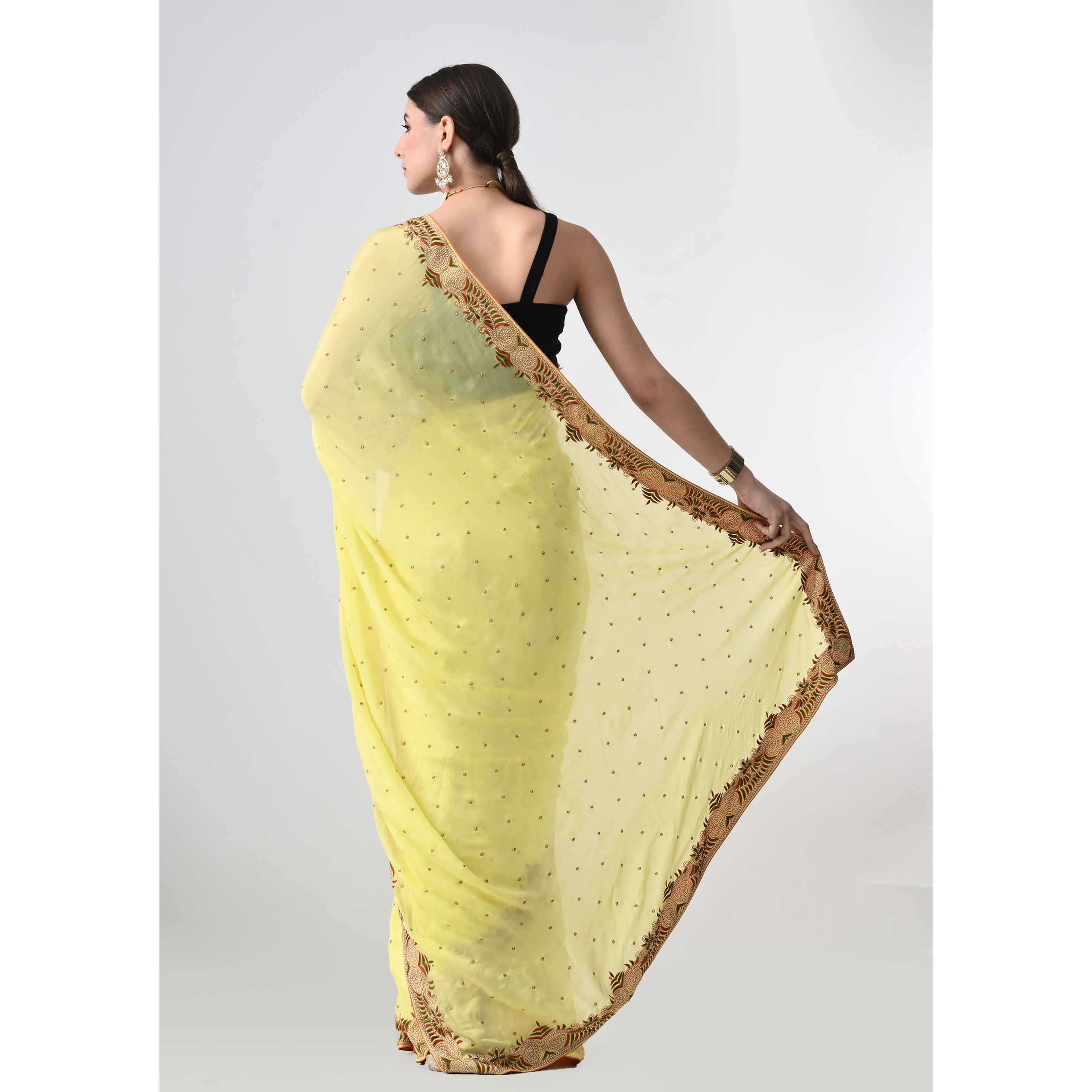 The Weavers Shop By Raavi Hand Embroidery Taaka Work Chinnon Chiffon Saree Yellow