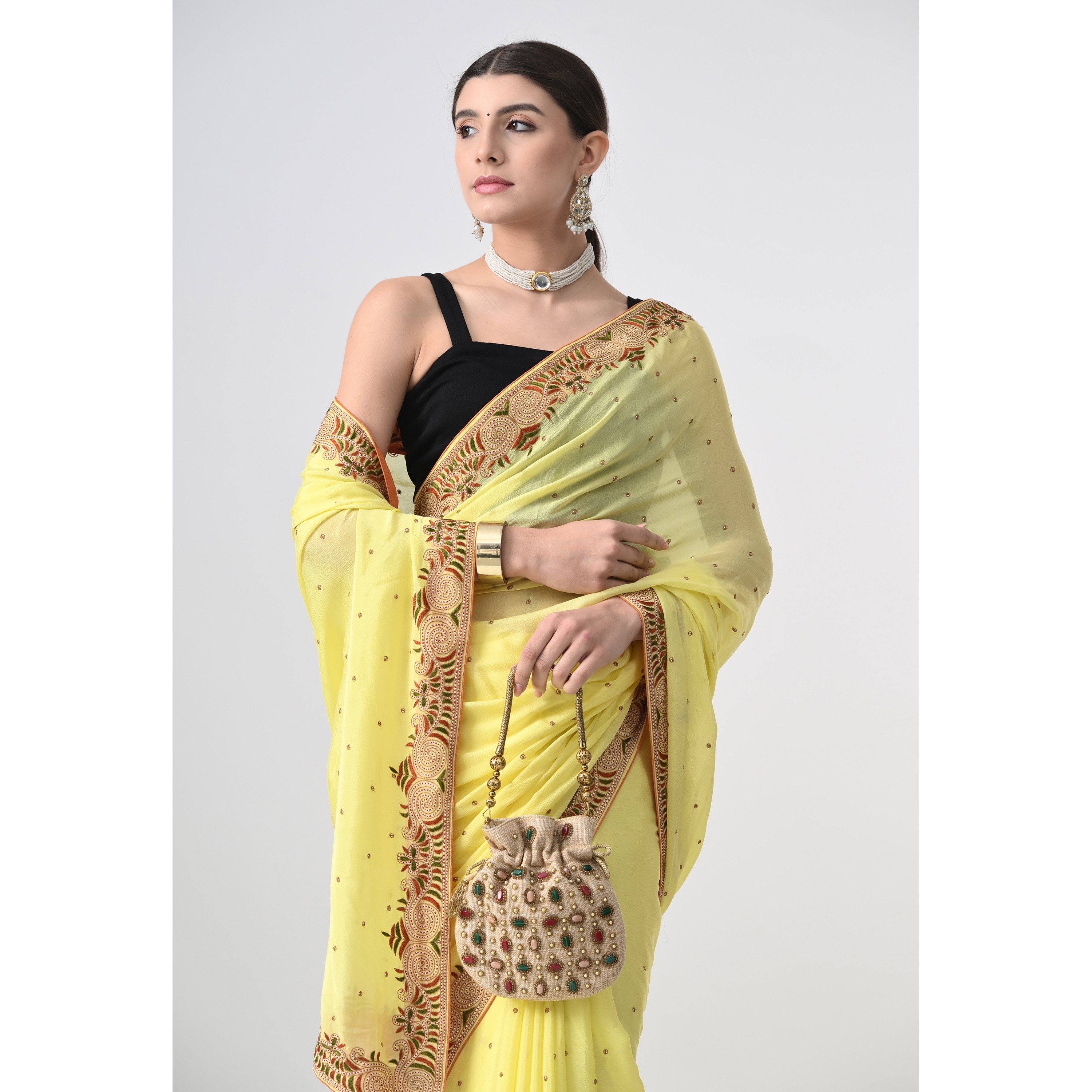 The Weavers Shop By Raavi Hand Embroidery Taaka Work Chinnon Chiffon Saree Yellow