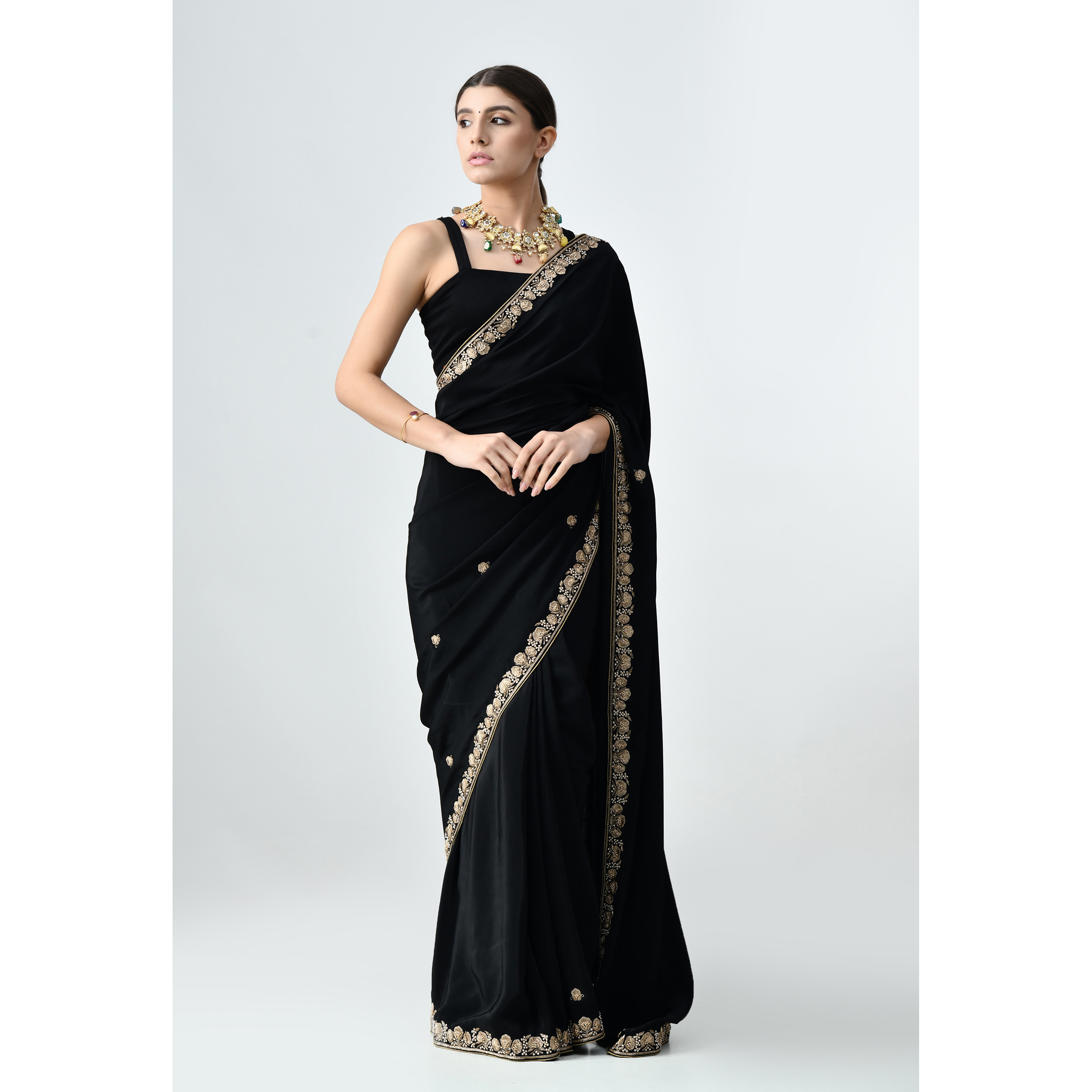 The Weavers Shop By Raavi Pure Crepe Black party Wear Saree