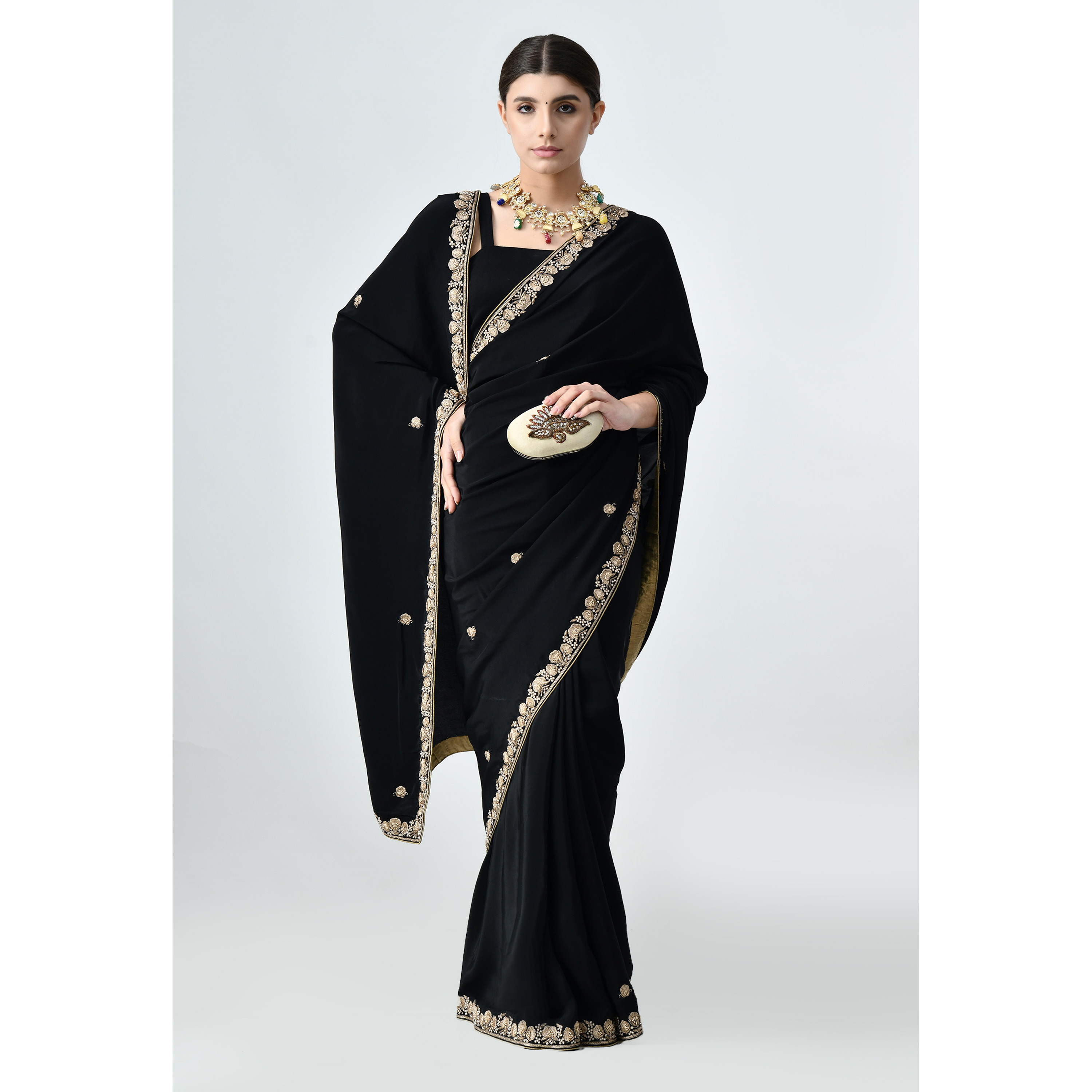 The Weavers Shop By Raavi Pure Crepe Black party Wear Saree