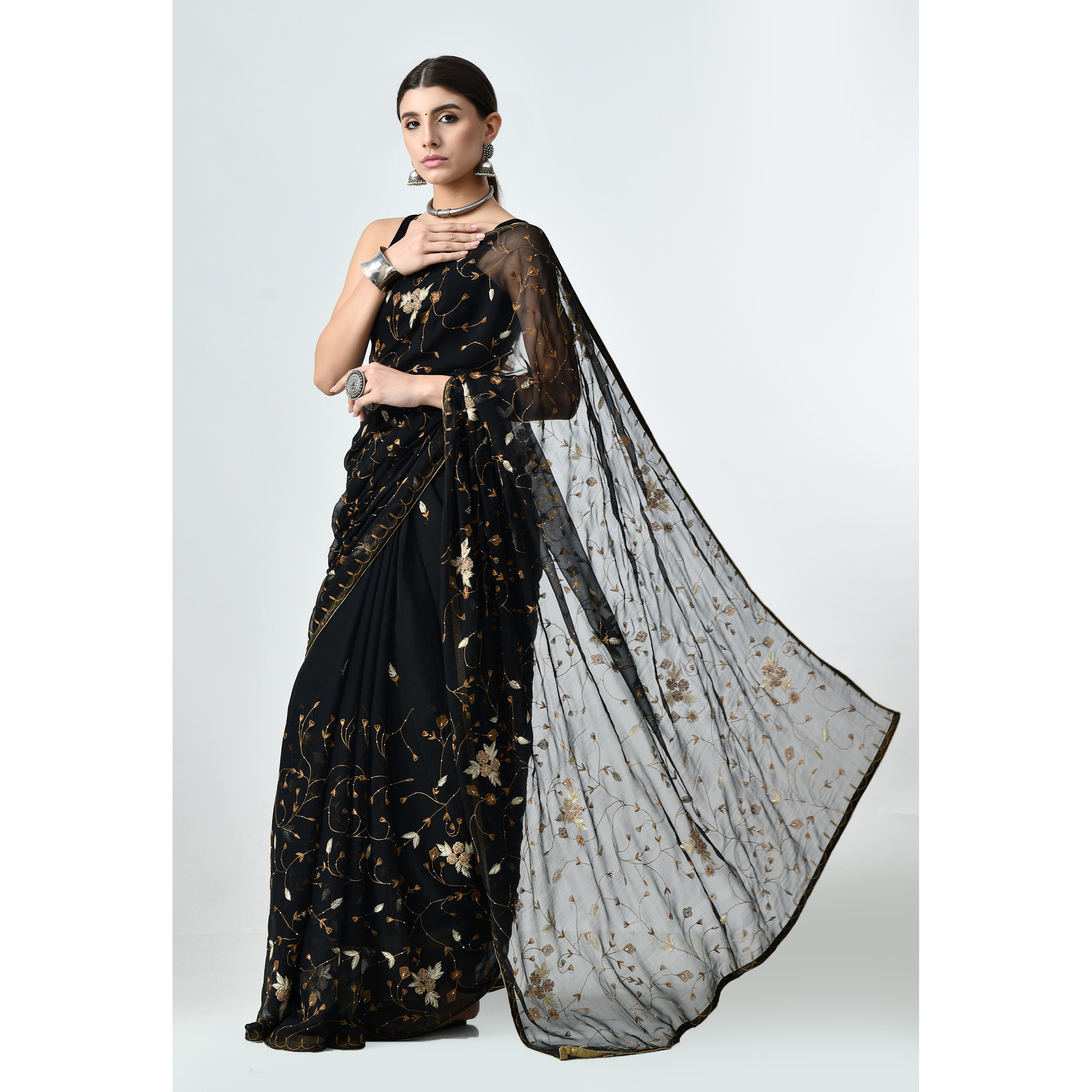 Pure Chinon Chiffon With Kassab Jaal Tilla Work