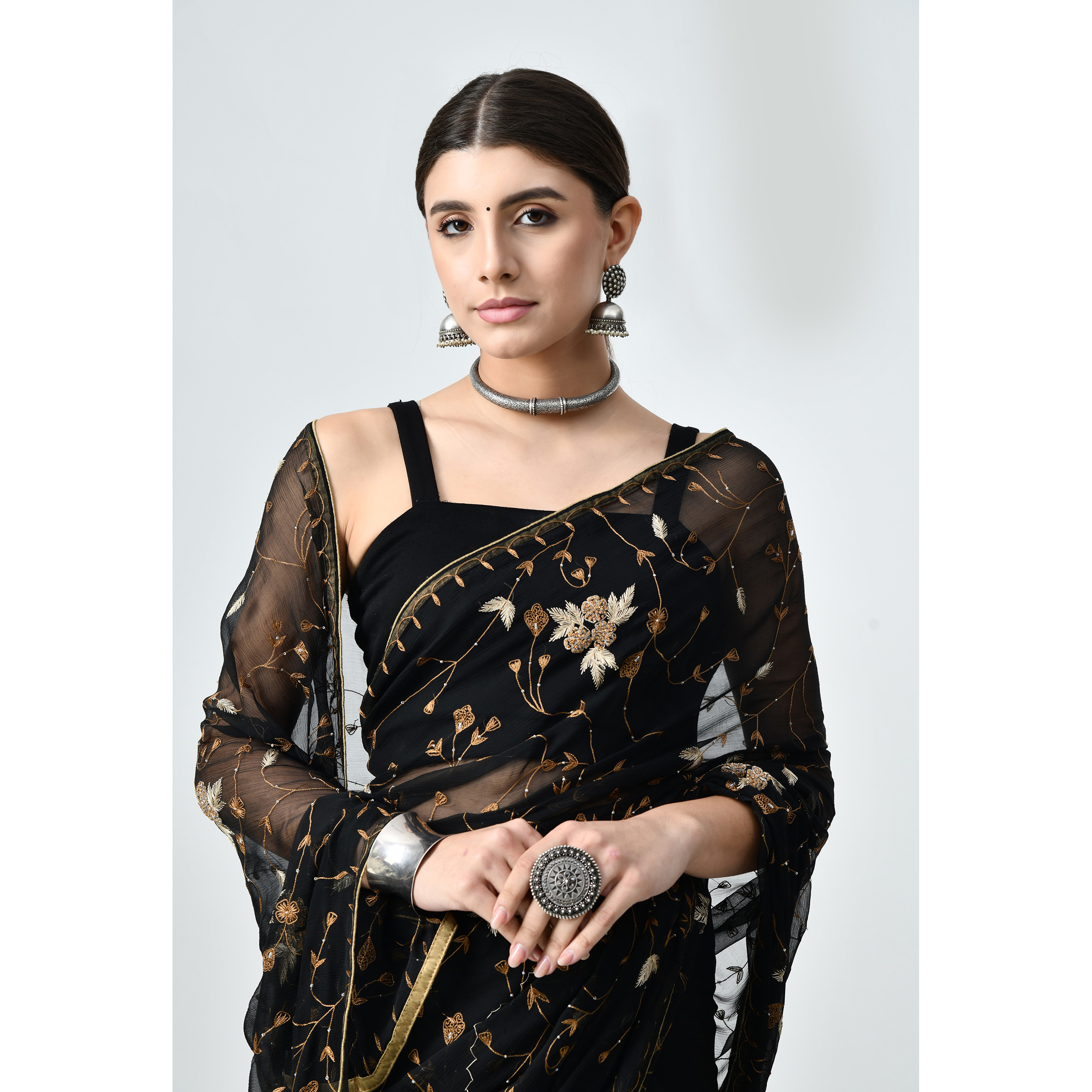 Pure Chinon Chiffon With Kassab Jaal Tilla Work