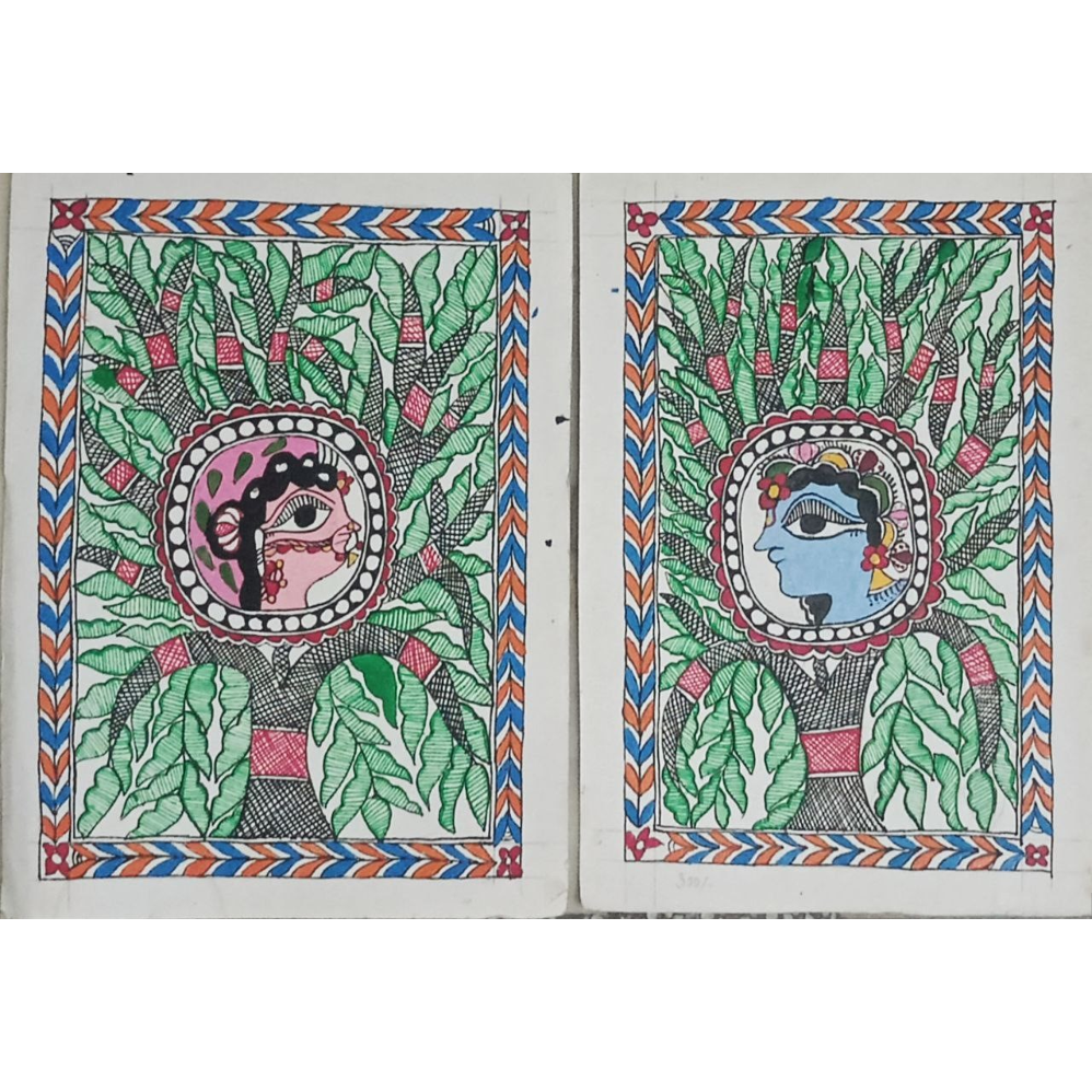 Paired Traditional Radha-Krishna Art Madhubani painting  ArtozOn - 8 in x 12 in
