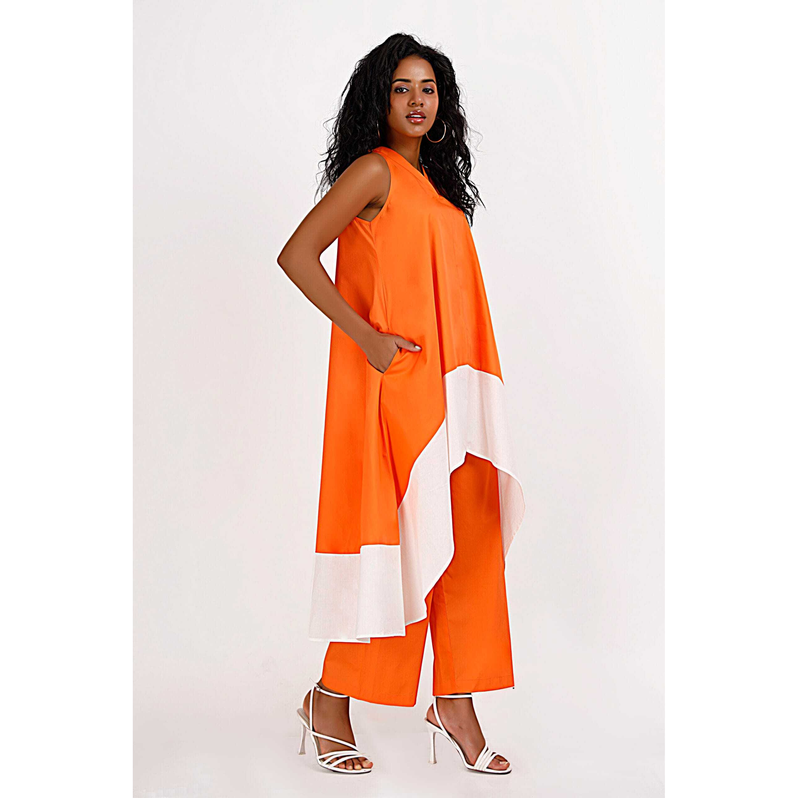 Kochi Co-ord Set (Size XL, Color White & Orange)