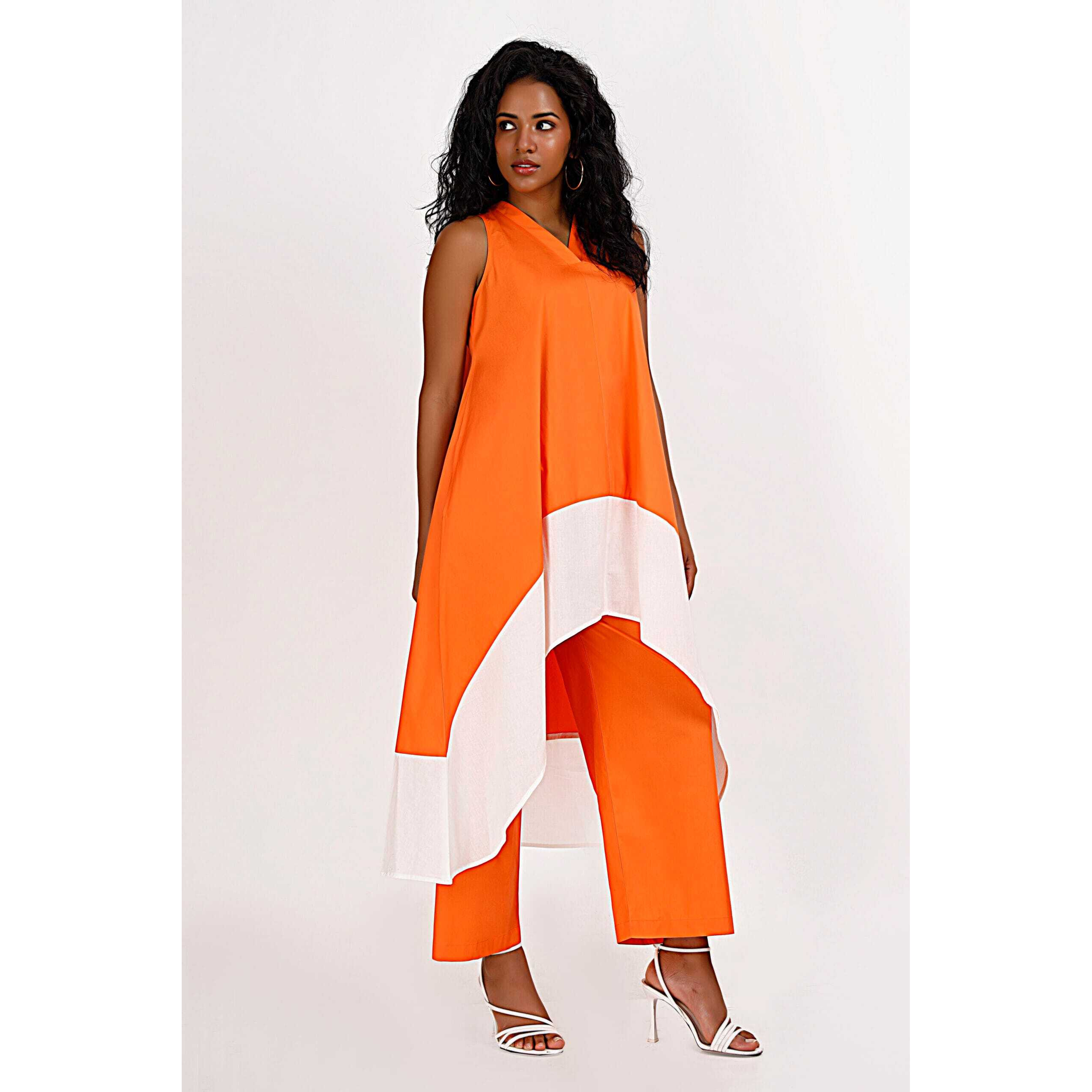 Kochi Co-ord Set (Size 3XL, Color White & Orange)