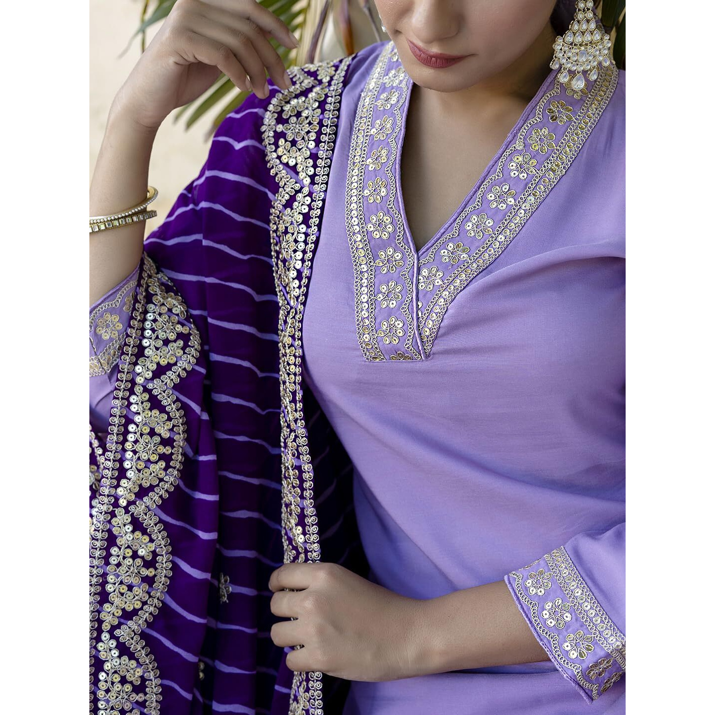 Navlik Womens Viscose Embroidered Straight Kurta with Pant and Dupatta Sets (NK2-450) (Size Medium, Color Purple)