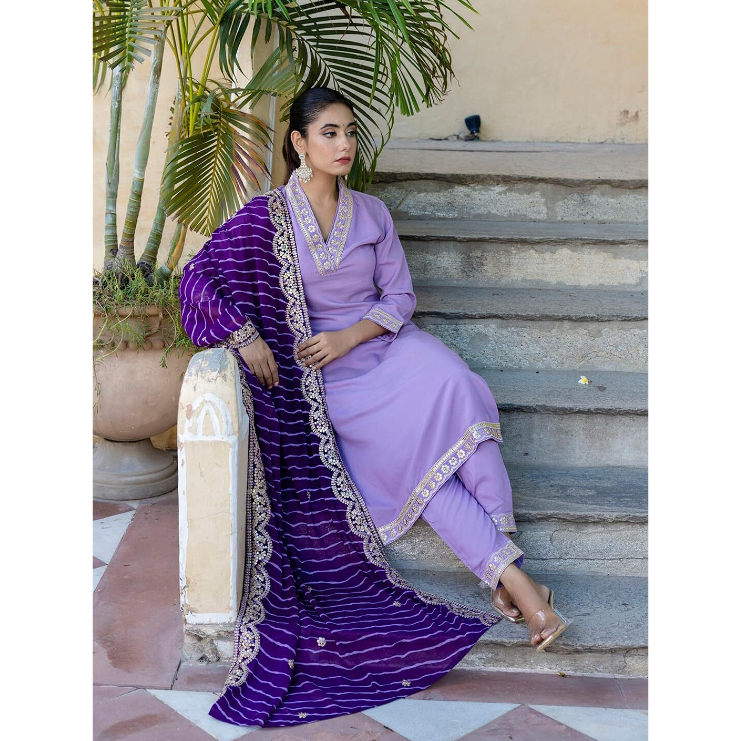 Navlik Womens Viscose Embroidered Straight Kurta with Pant and Dupatta Sets (NK2-450) (Size Medium, Color Purple)
