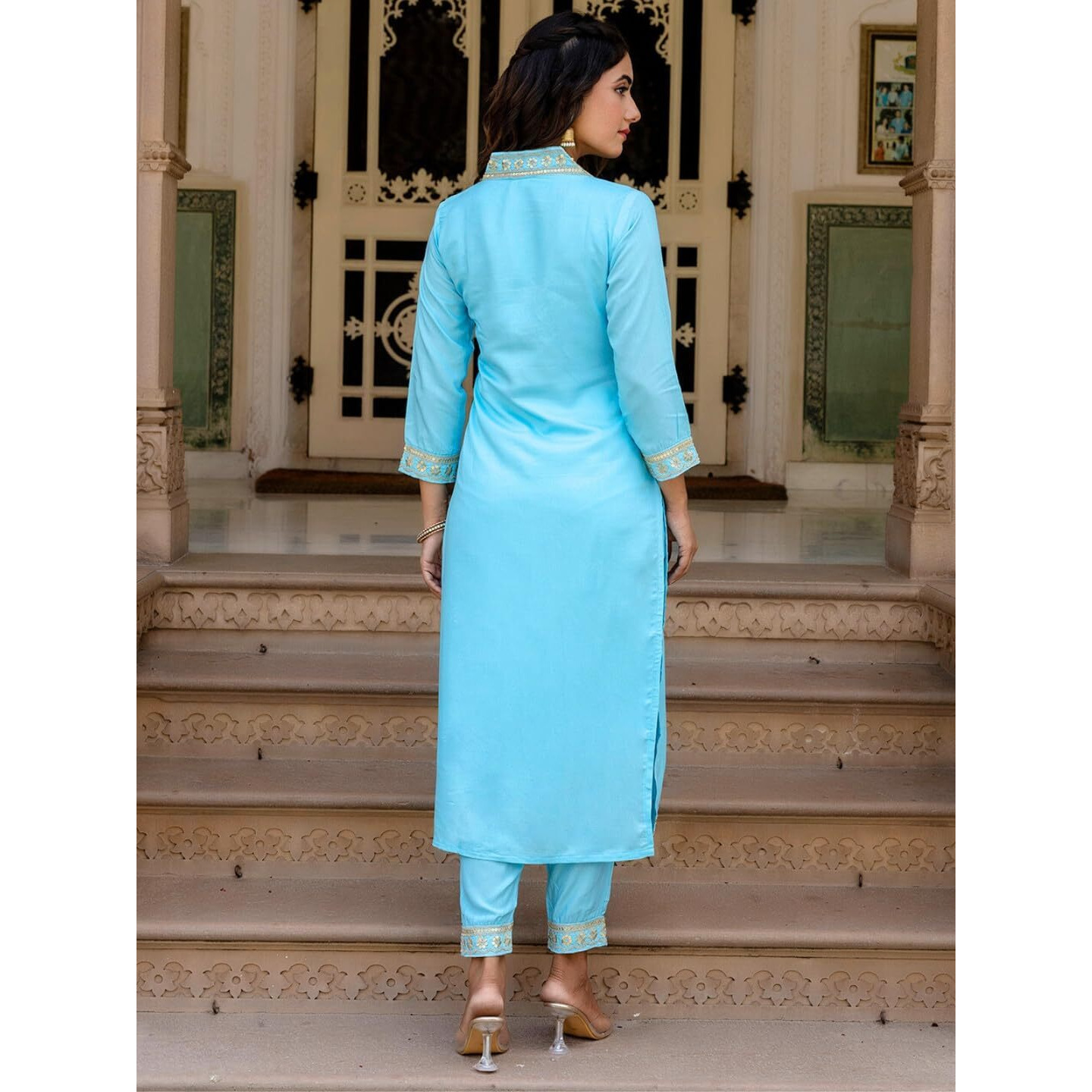 Navlik Womens Viscose Embroidered Straight Kurta with Pant and Dupatta Sets (NK2-450) (Size X-Small, Color Sky)