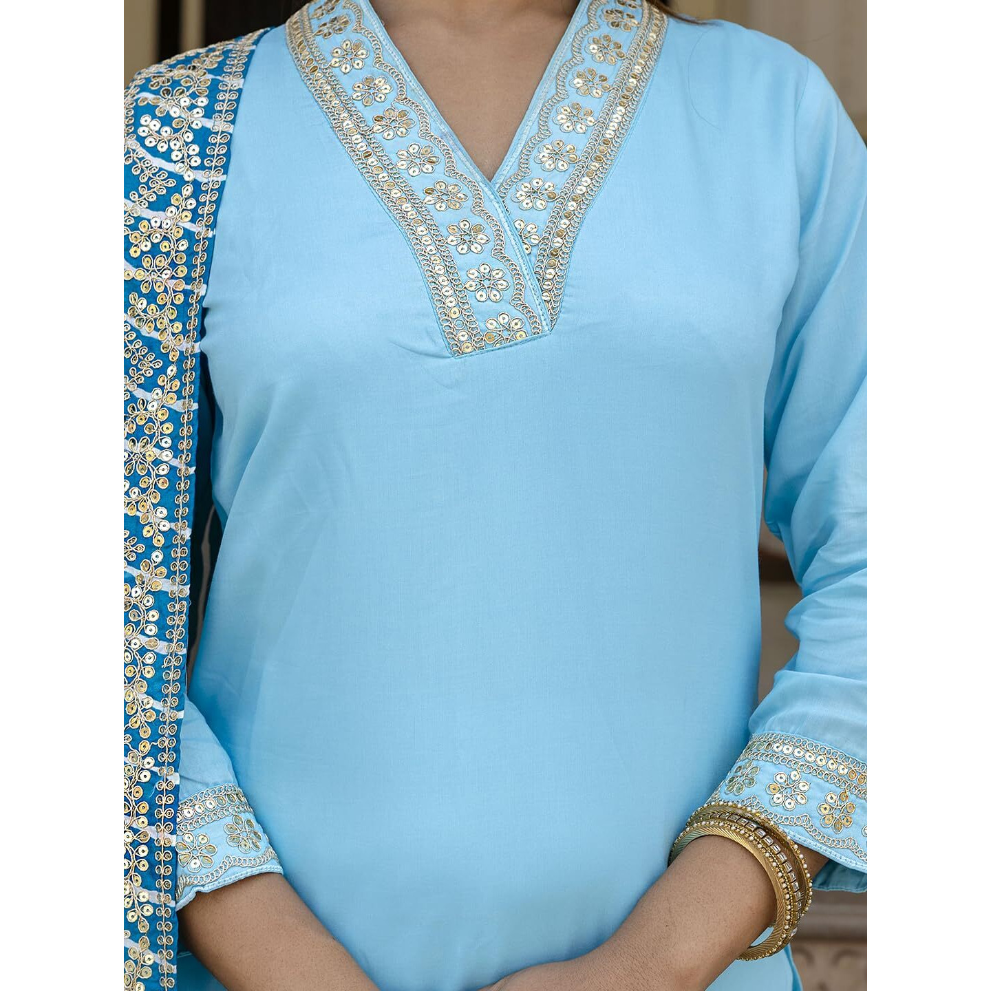Navlik Womens Viscose Embroidered Straight Kurta with Pant and Dupatta Sets (NK2-450) (Size X-Small, Color Sky)