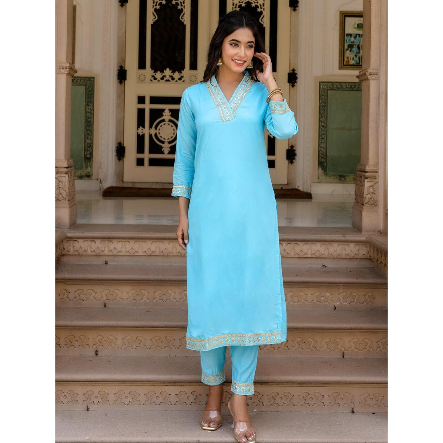 Navlik Womens Viscose Embroidered Straight Kurta with Pant and Dupatta Sets (NK2-450) (Size X-Small, Color Sky)