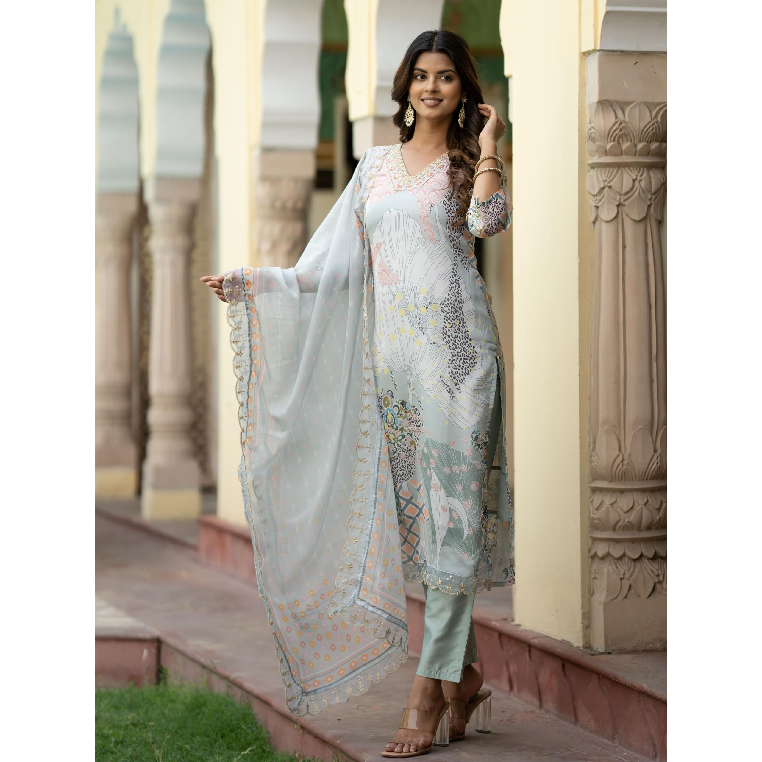 Navlik Women's Organza Embroidered Straight Kurta with Pant and Dupatta Sets (NK2-453) (Size XX-Large, Color Pista)
