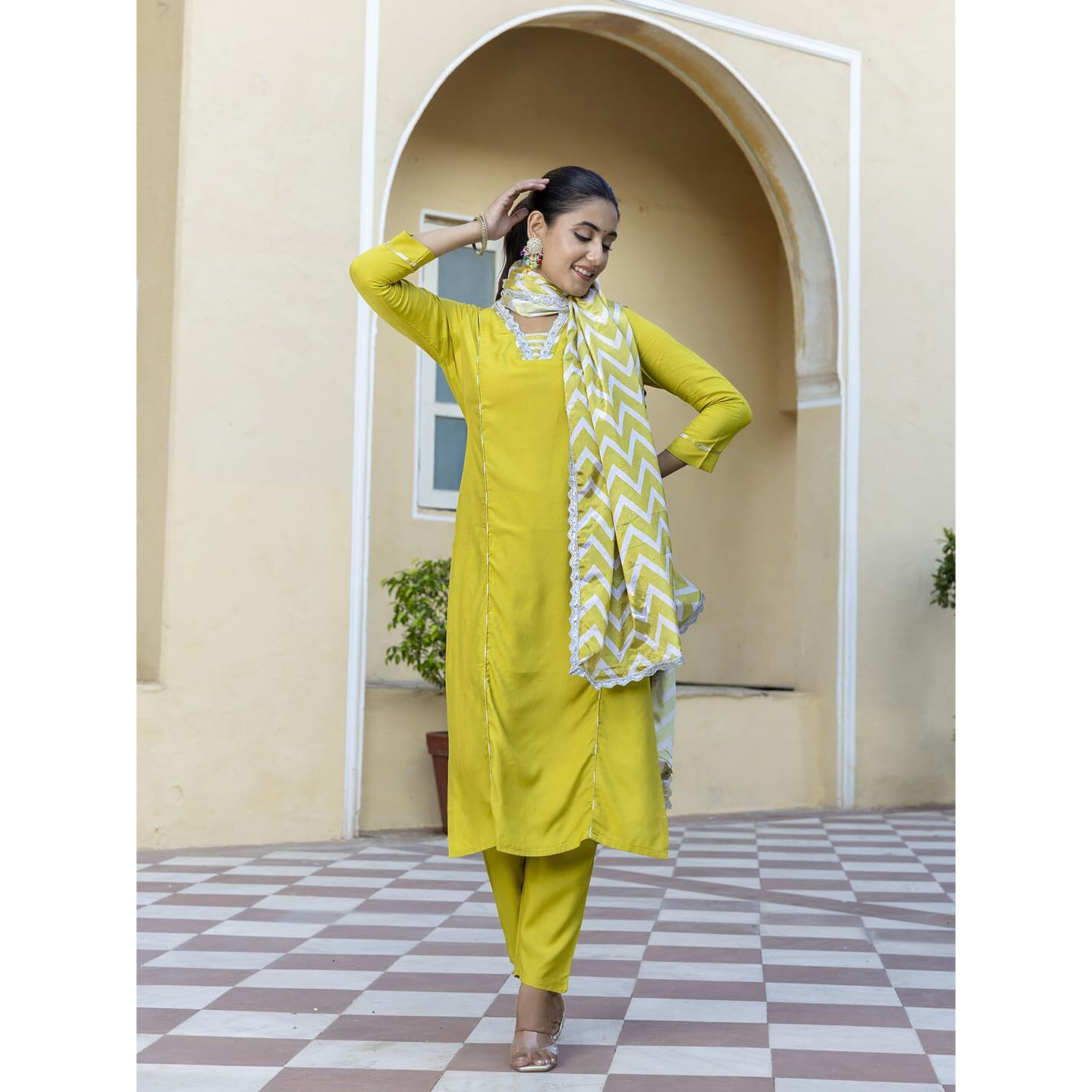 Navlik Women's Viscose Embroidered Straight Kurta with Pant and Dupatta Sets (NK-447) (Size Small, Color Lemon)