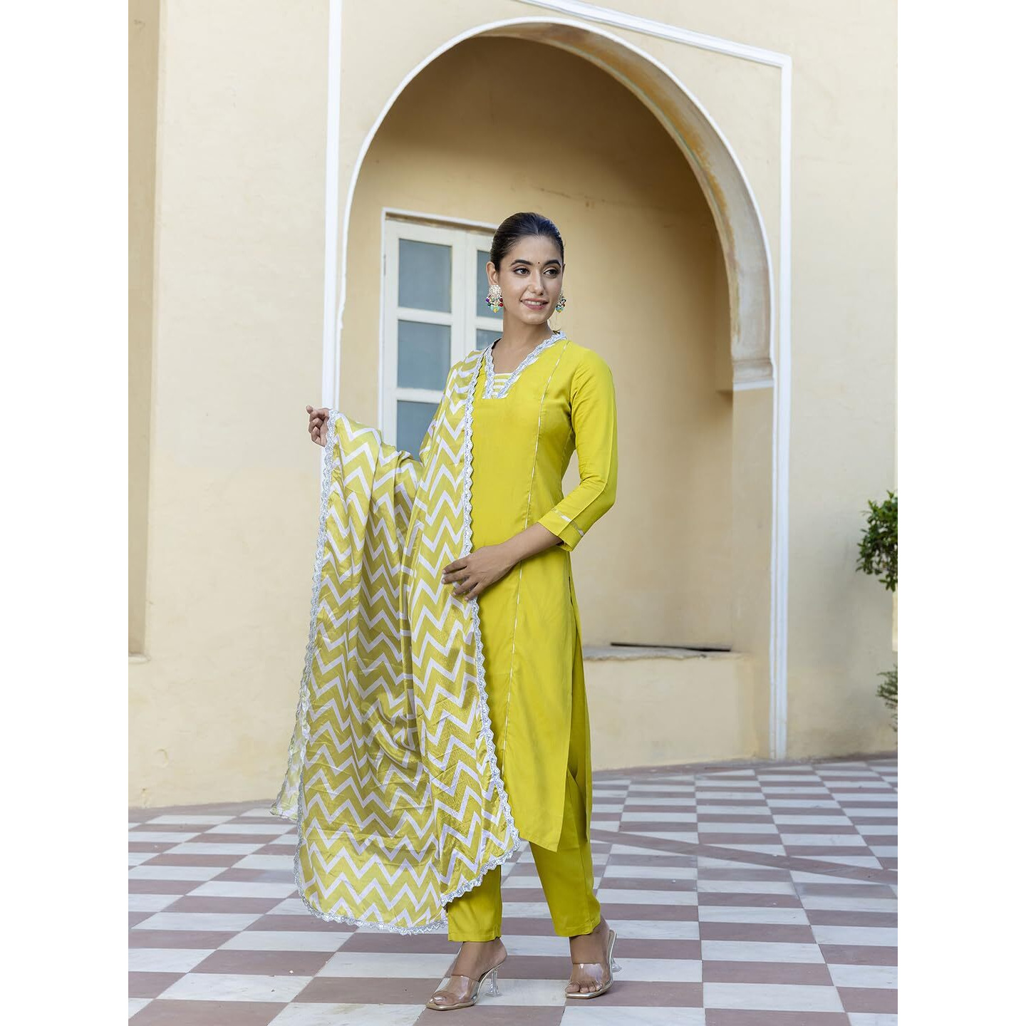 Navlik Women's Viscose Embroidered Straight Kurta with Pant and Dupatta Sets (NK-447) (Size Small, Color Lemon)