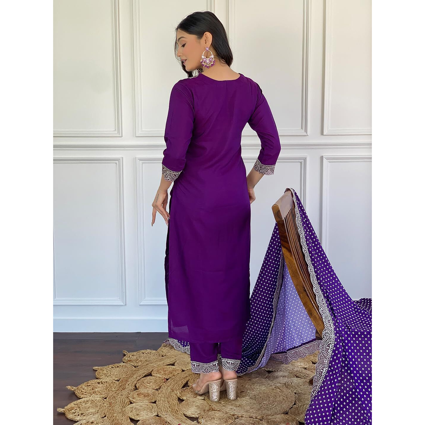 Navlik Women's Wine Viscose Embroidered Flared Kurta with Pant and Dupatta Sets (NK-457) (Size Medium, Color Wine)