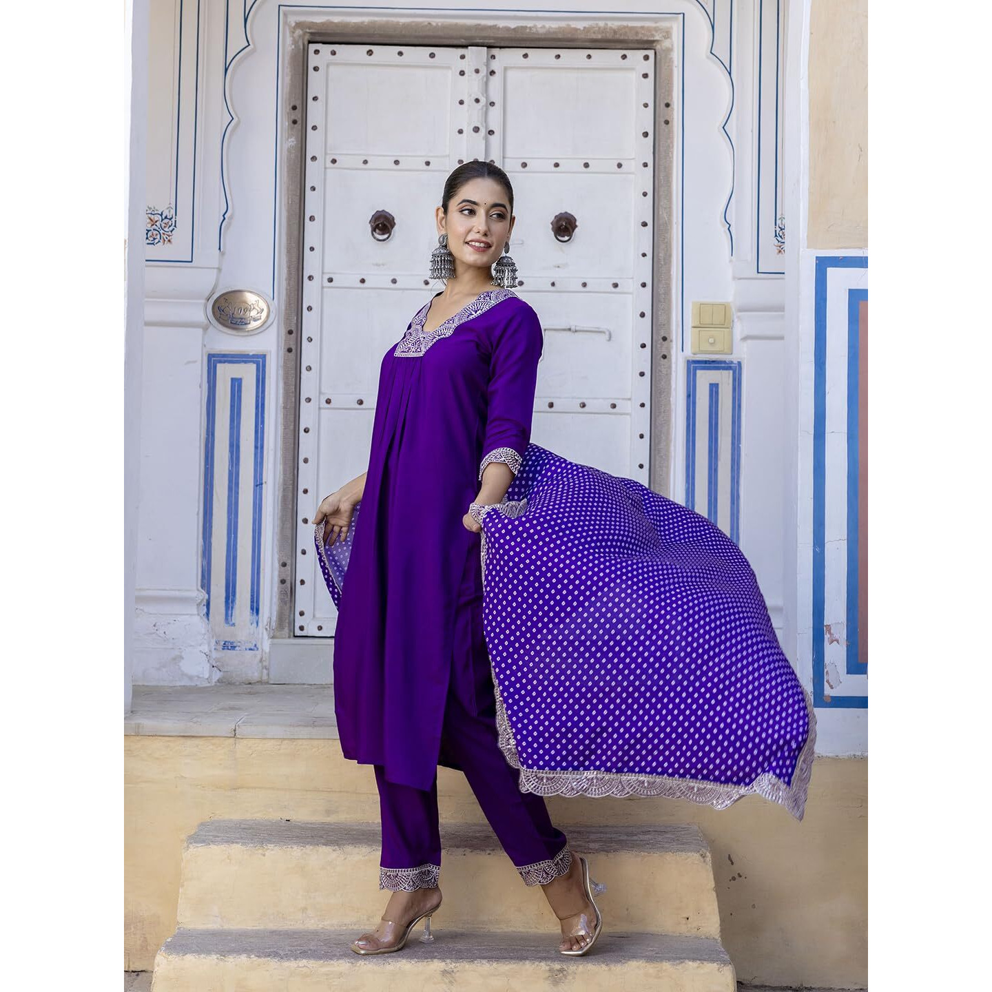 Navlik Women's Wine Viscose Embroidered Flared Kurta with Pant and Dupatta Sets (NK-457) (Color Wine, Size XX-Large)