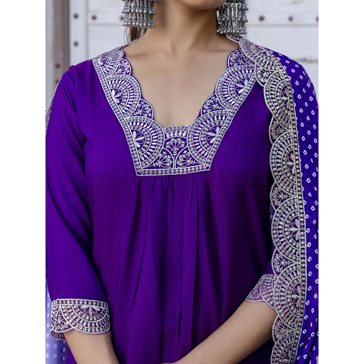 Navlik Women's Wine Viscose Embroidered Flared Kurta with Pant and Dupatta Sets (NK-457) (Color Wine, Size XX-Large)