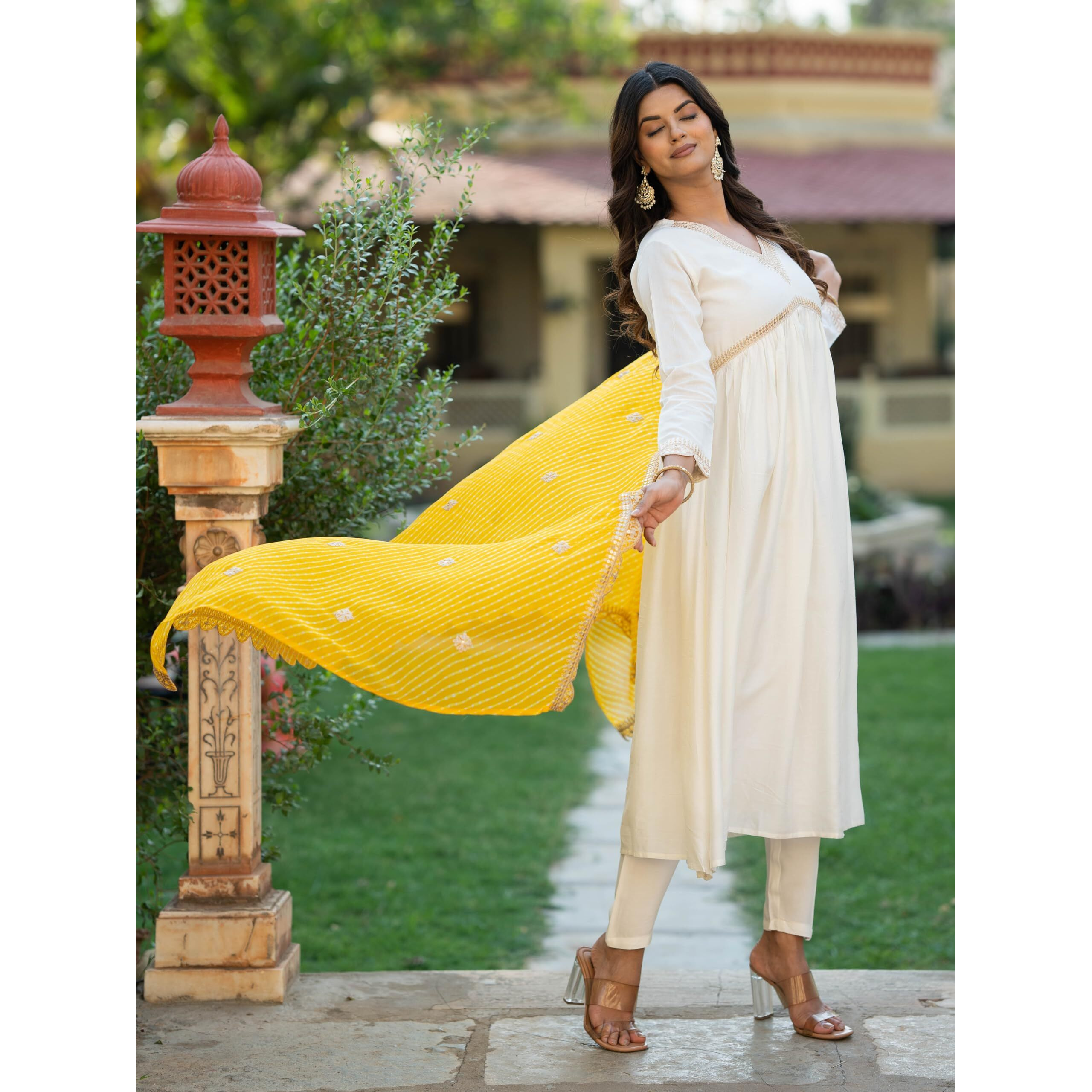 Navlik Women's Chanderi Embroidered Flared Kurta with Pant and Dupatta Sets (NK-463) (Size Medium, Color Yellow)