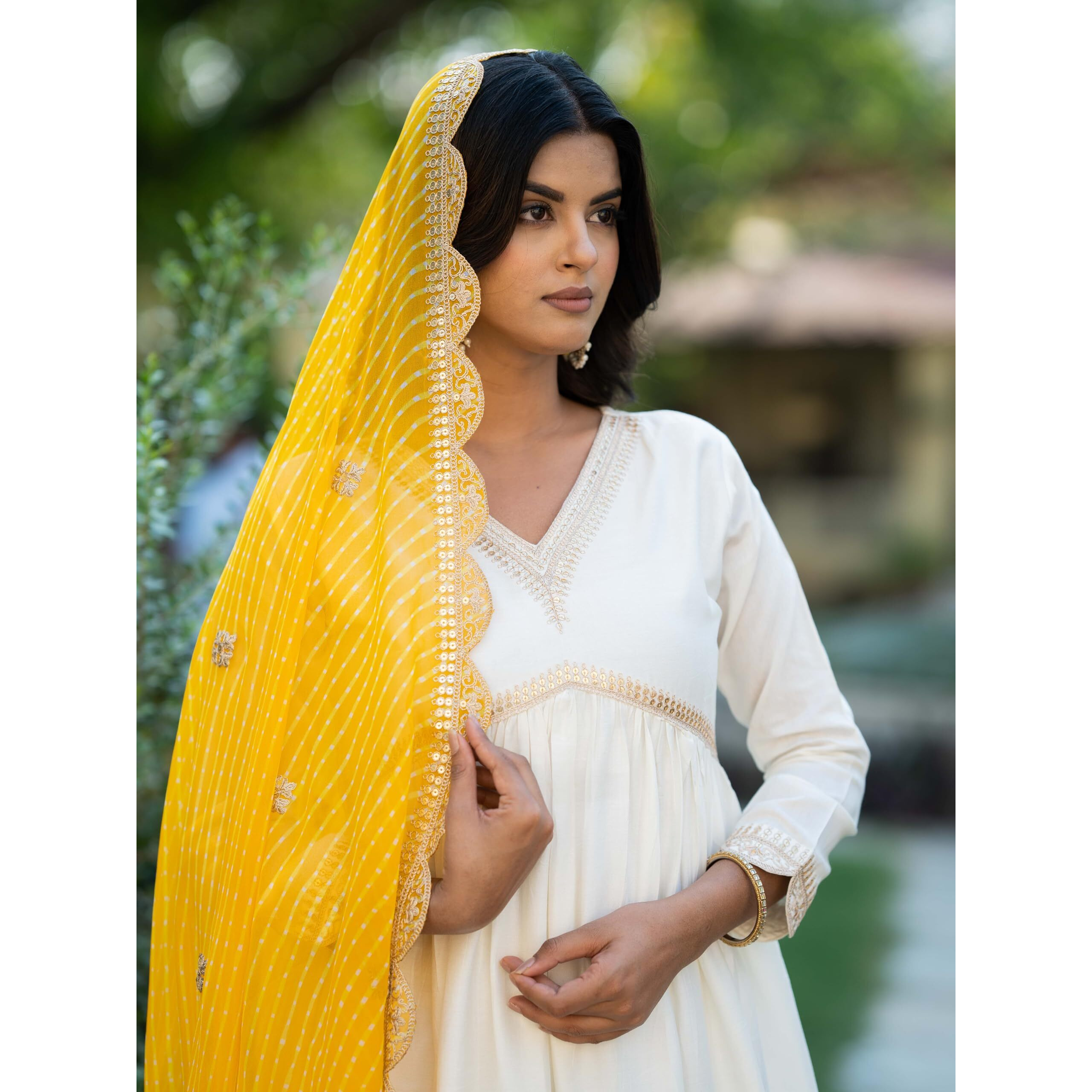 Navlik Women's Chanderi Embroidered Flared Kurta with Pant and Dupatta Sets (NK-463) (Size Medium, Color Yellow)
